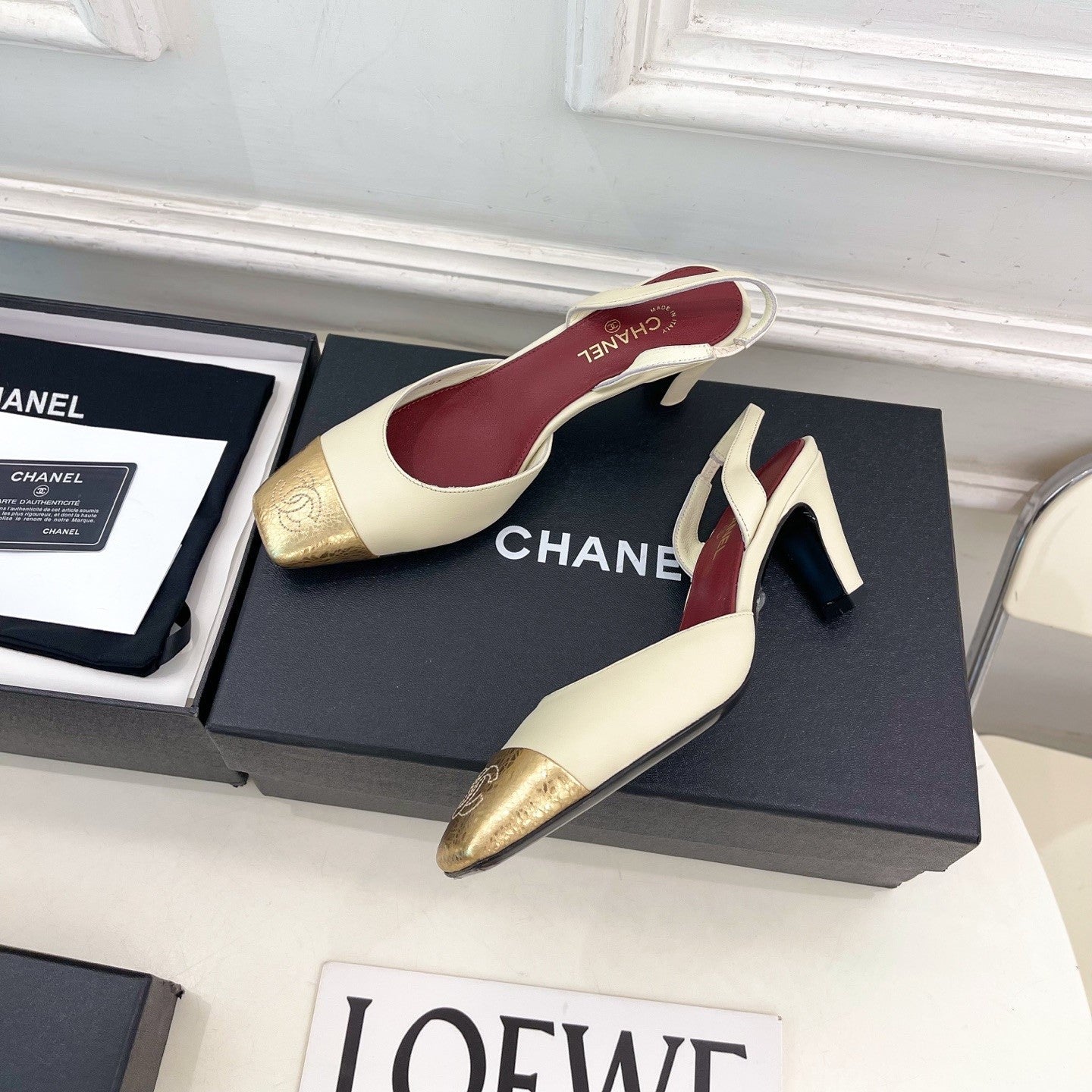 CC 26s Square Toe Slingback 6.5cm Gold Cream Leather 946913