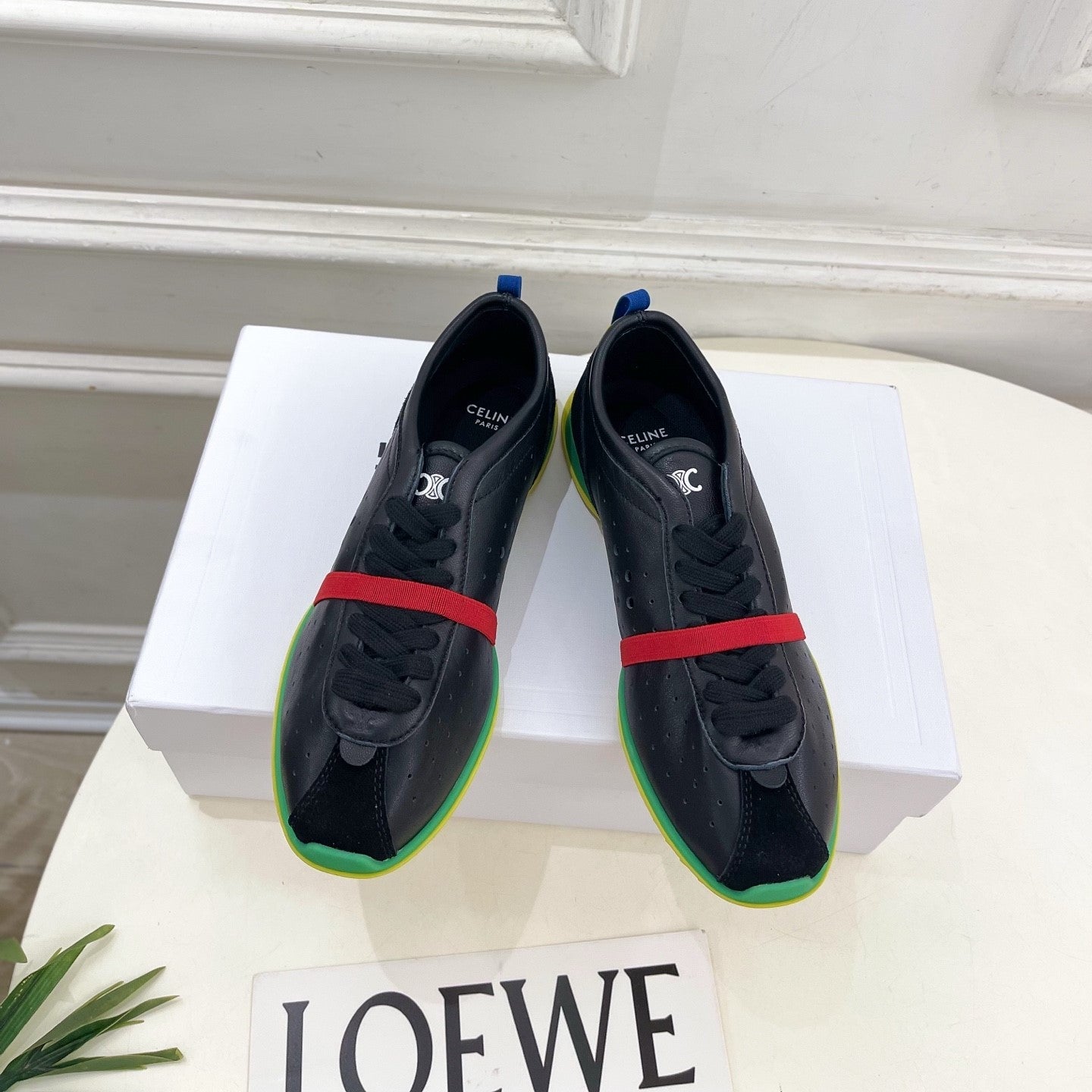 Celine 26s Soft Sneaker Black Green Perforated Lambskin Suede 947586