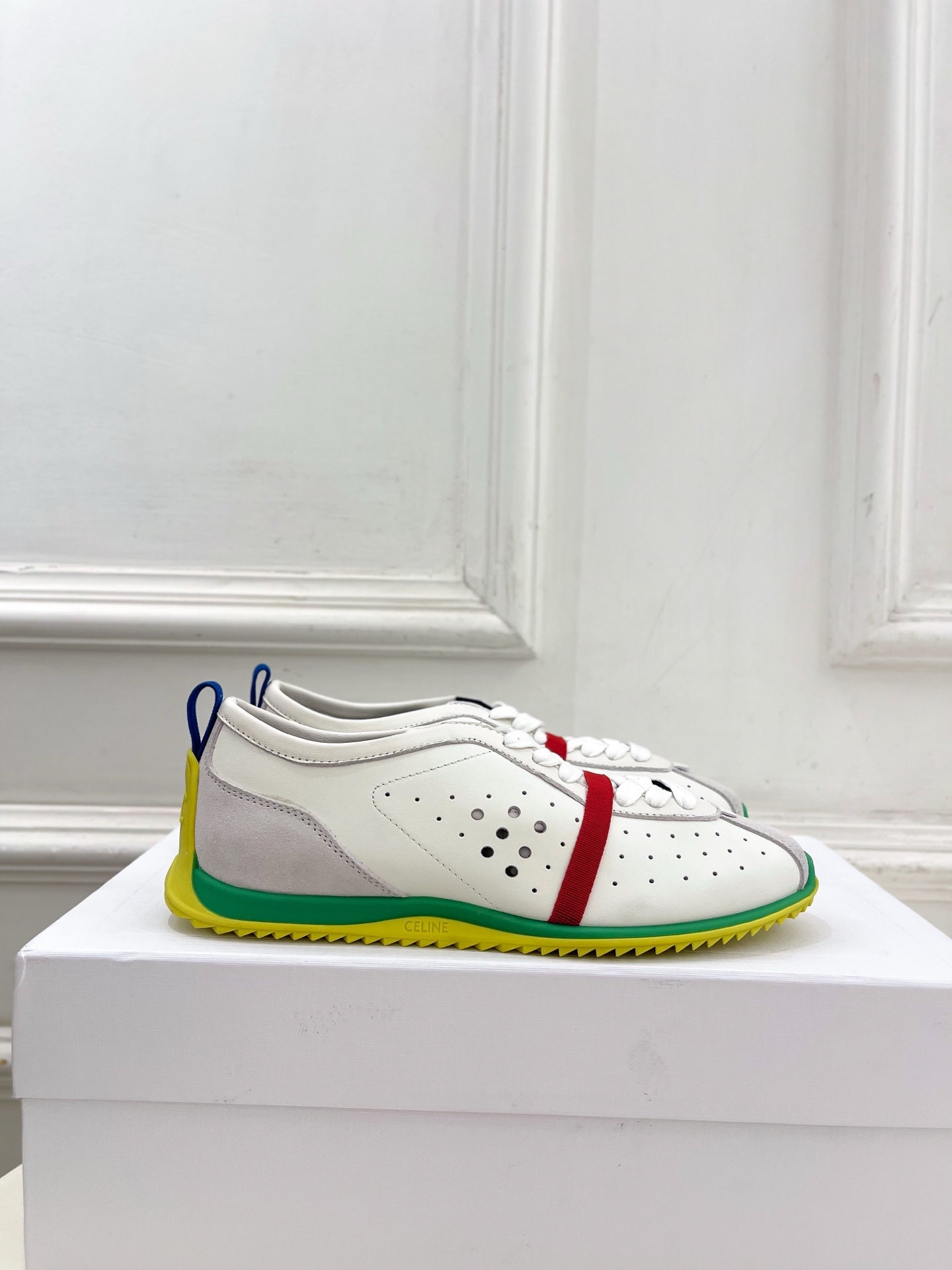 Celine 26s Soft Sneaker White Grey Green Perforated Lambskin Suede 947587