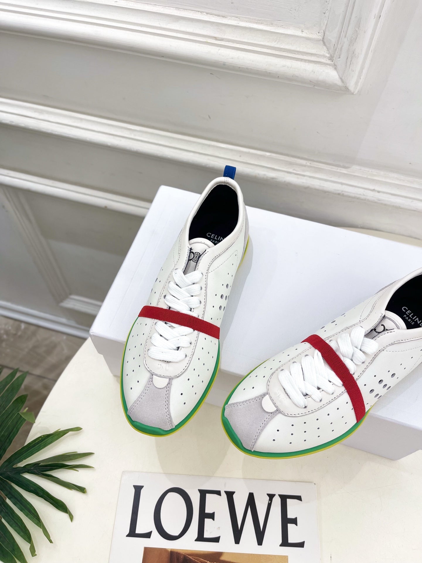 Celine 26s Soft Sneaker White Grey Green Perforated Lambskin Suede 947587