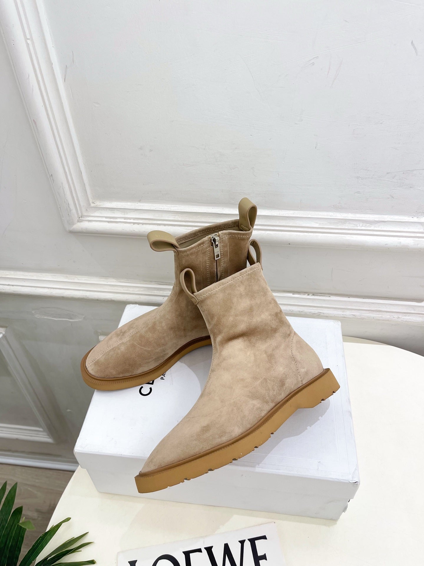 Celine 26s Flow Zipped Ankle Boots Khaki Suede 947591