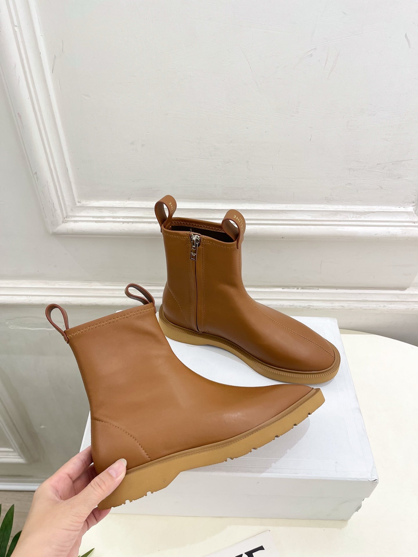Celine 26s Flow Zipped Ankle Boots Camel Leather 947594