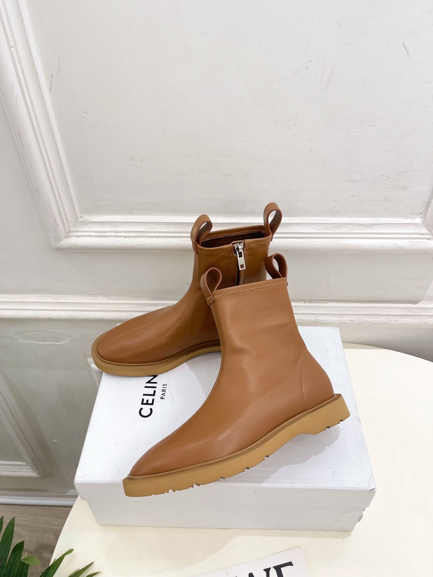 Celine 26s Flow Zipped Ankle Boots Camel Leather 947594