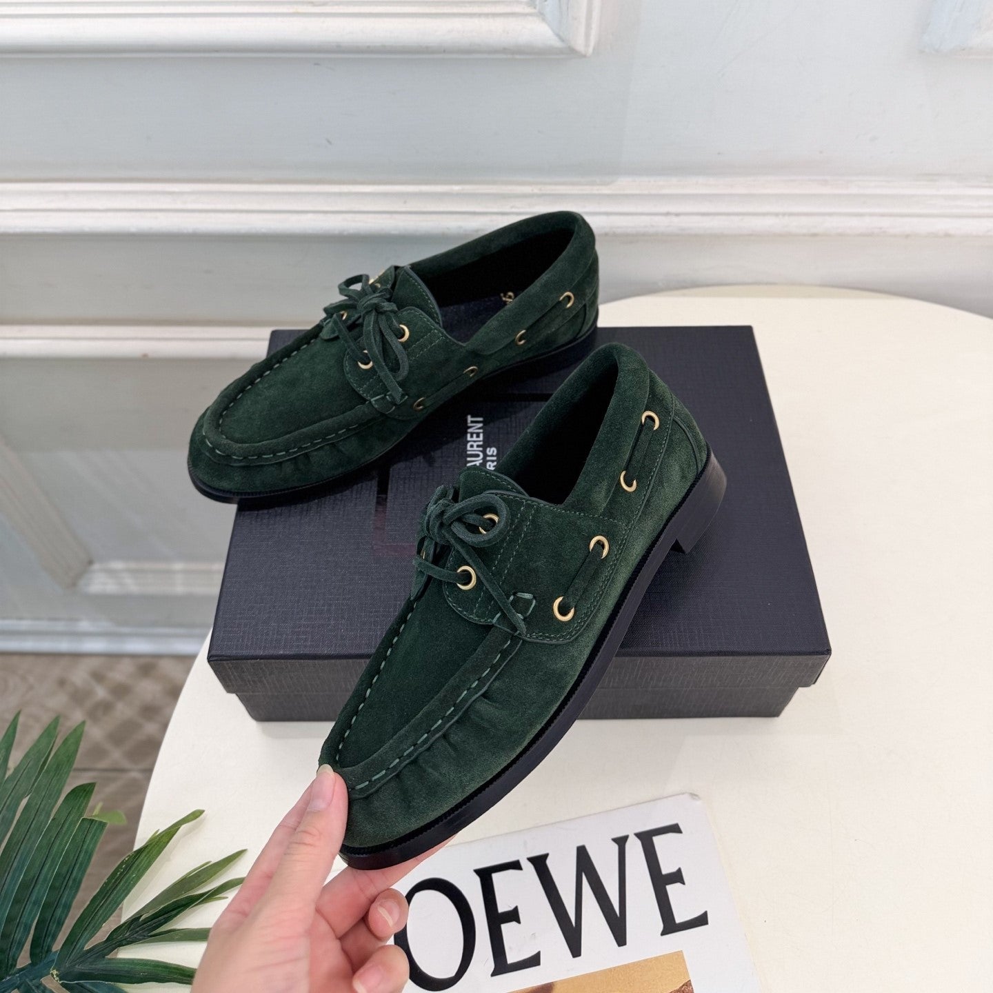 YSL Le Loafer Bateau Boat Shoes Dark Green Suede 112329