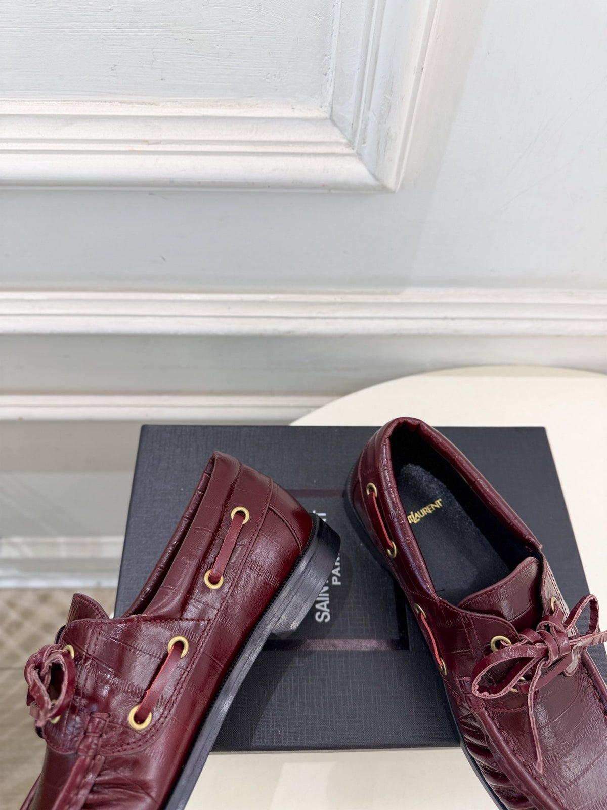 YSL Le Loafer Bateau Boat Shoes Deep Bordeaux Croc Embossed Leather 996787
