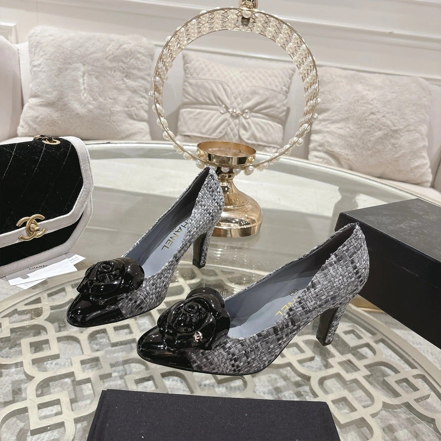 CC 26s High Heels Pump 85 Gray Black Wool Fabric 627016