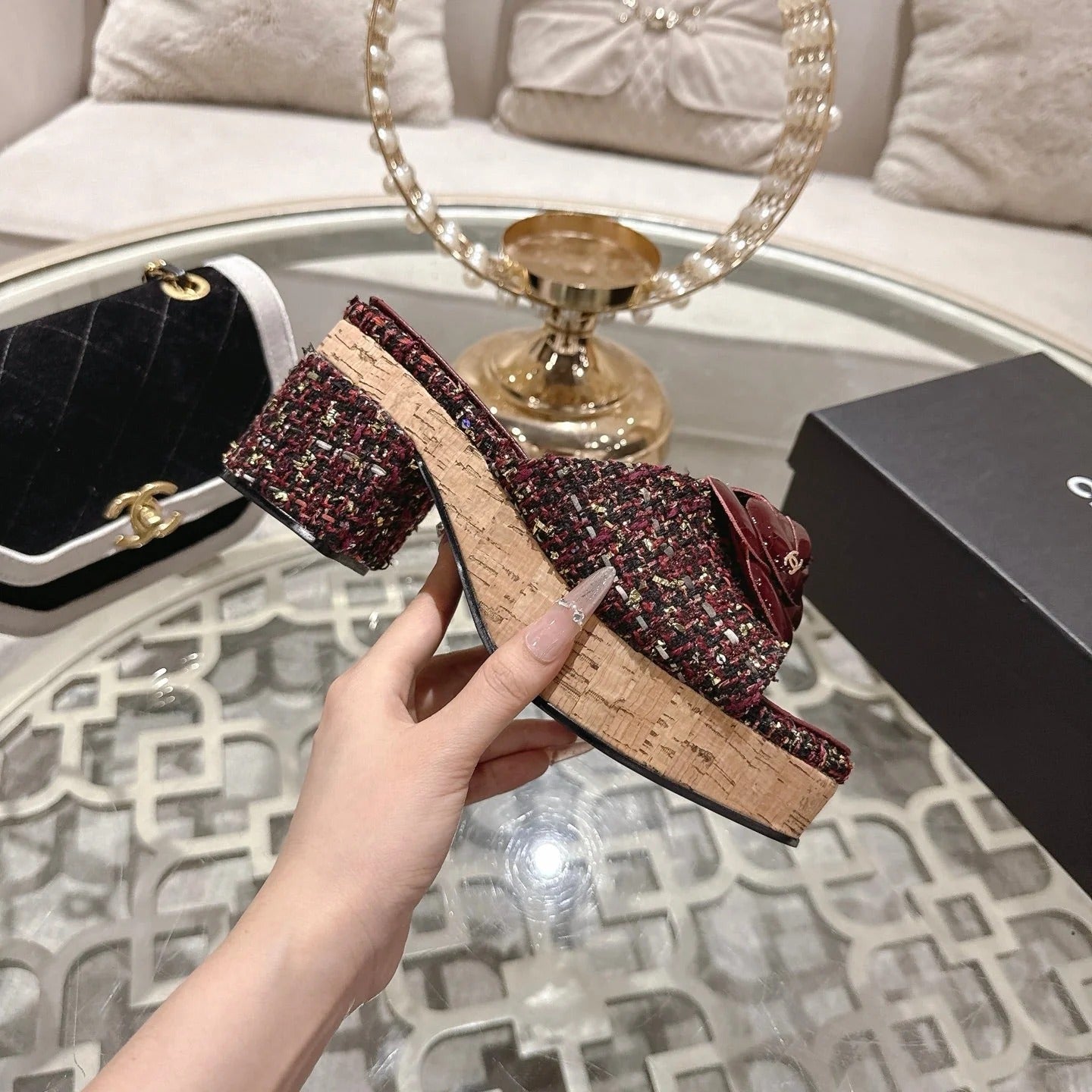 CC 26s Camellia Platform Slippers 65 Burgundy Multicolor Tweed Leather 627053