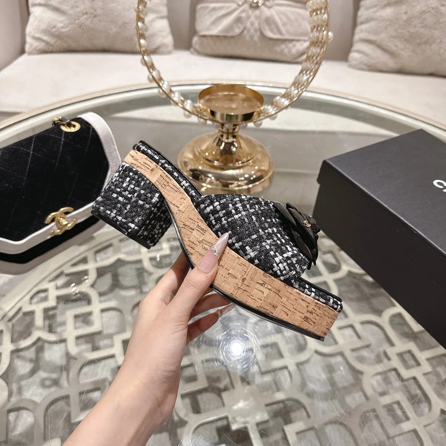 CC 26s Camellia Platform Slippers 65 Black White Tweed Leather 627055