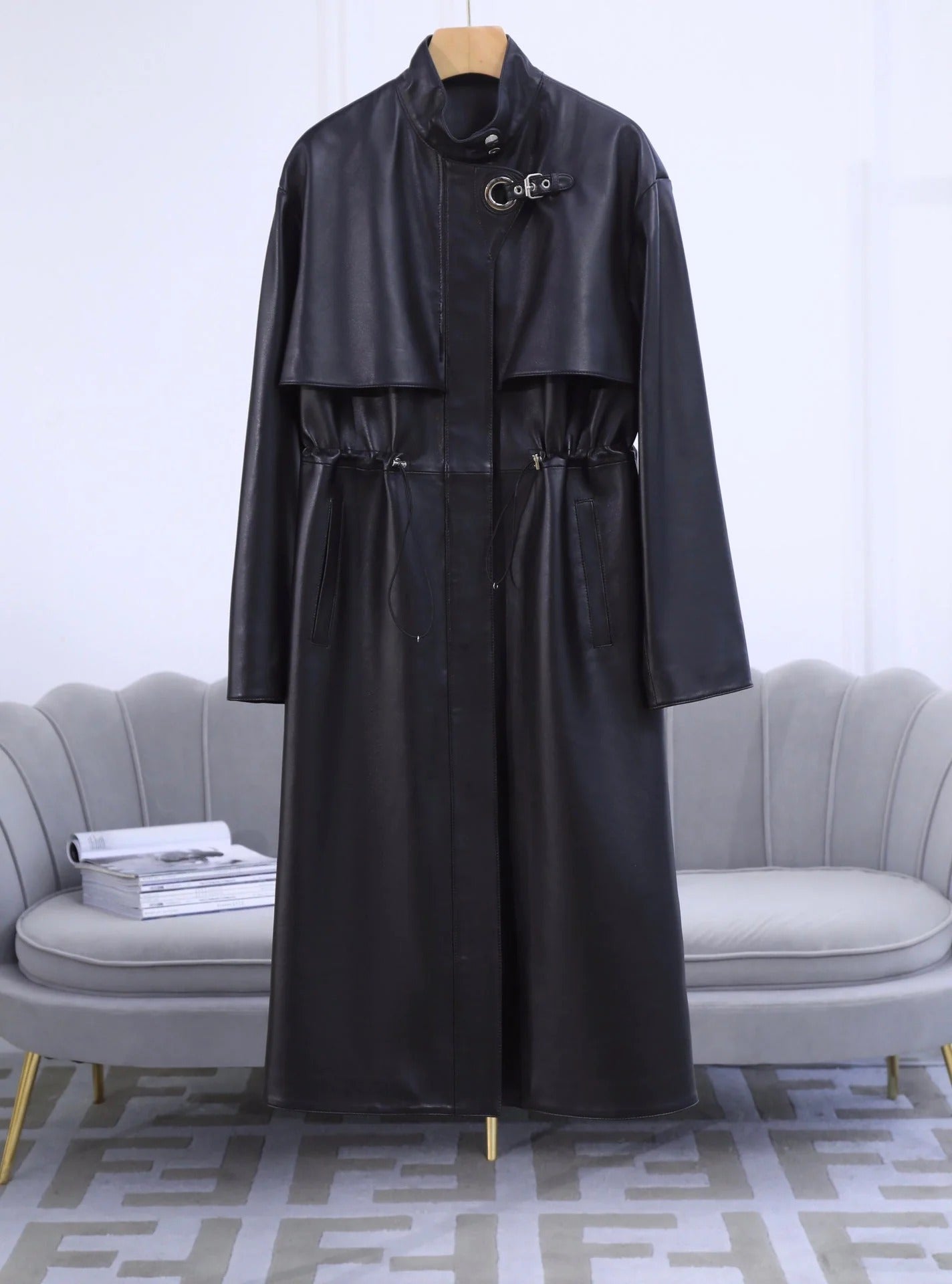 HERMES 25S LONG LEATHER JACKET WITH DRAWSTRING WAIST 170