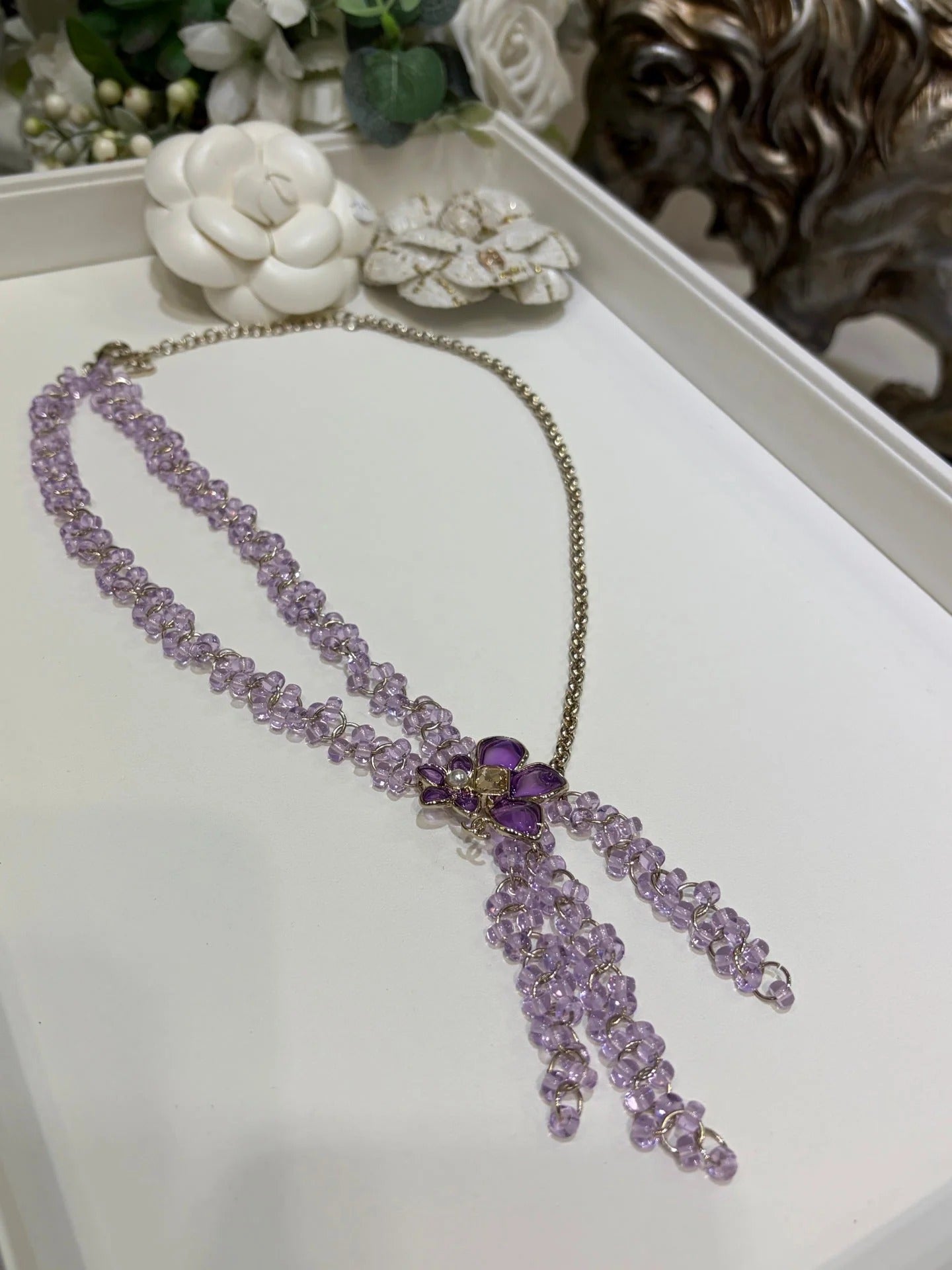 Chanel 2026 Double C Light Purple Beaded Asymmetrical Flower Necklace