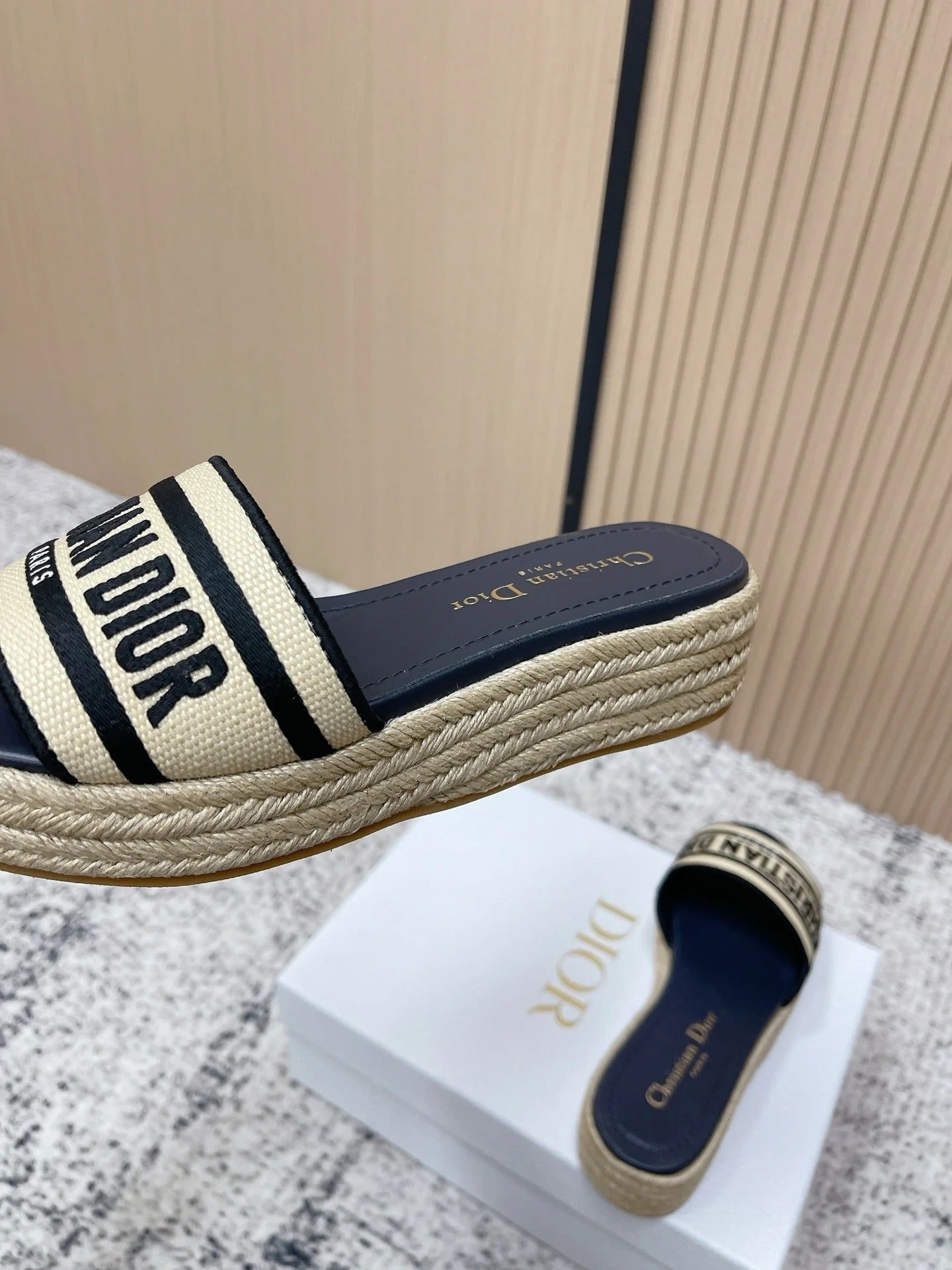 CD 26s Platform Embroidered Sandals Beige Navy Blue Canvas Leather 643501