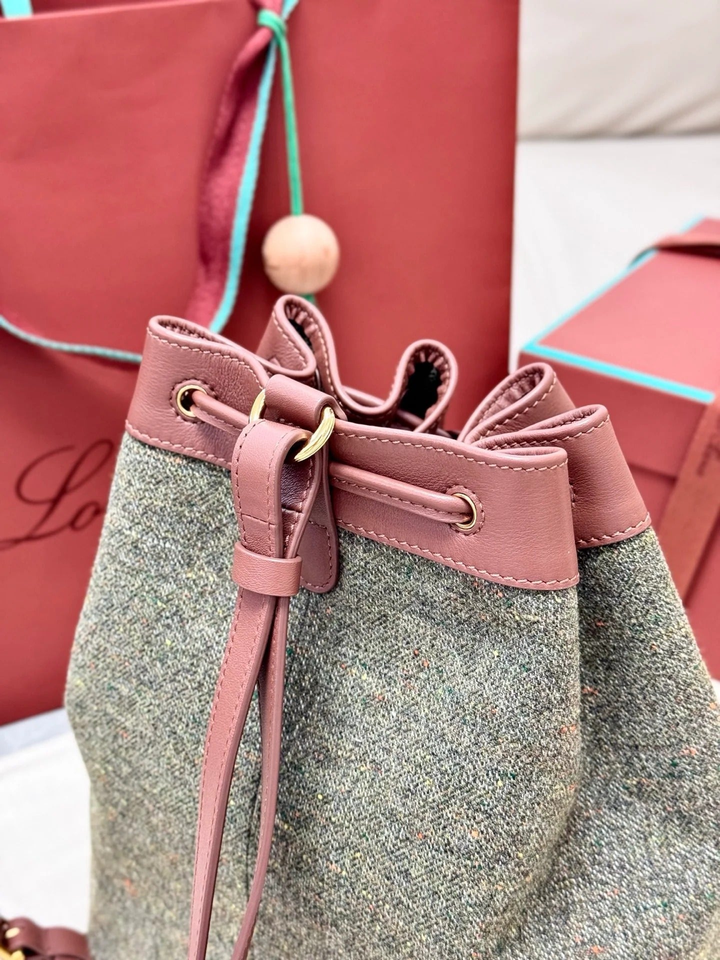 LP 2026 Extra Drawstring Backpack L27 Countryside Sage mix Burnt Tan Wool Leather