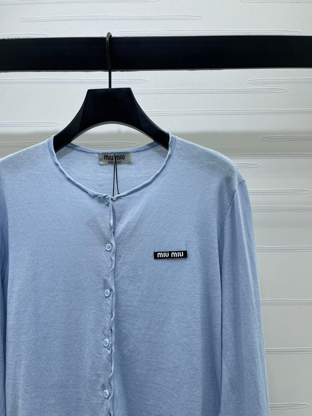 Miumiu 2026 Crew Neck Knit Long-Sleeve Cardigan White and Blue Cotton 356469