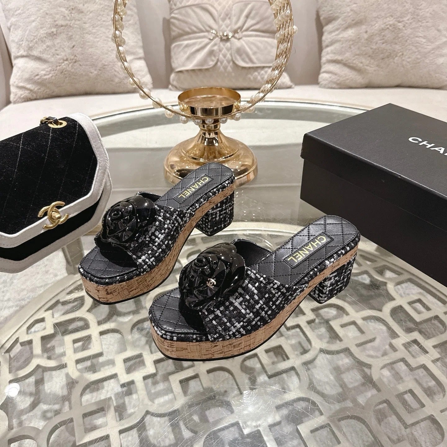 CC 26s Camellia Platform Slippers 65 Black White Tweed Leather 627055