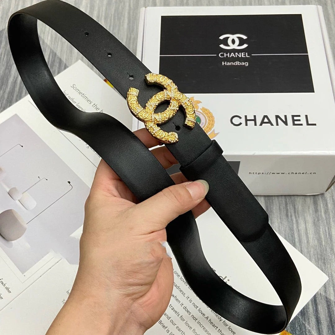 CC Women's Belt 3.0CM Black Cowhide Gold Buckle 586522