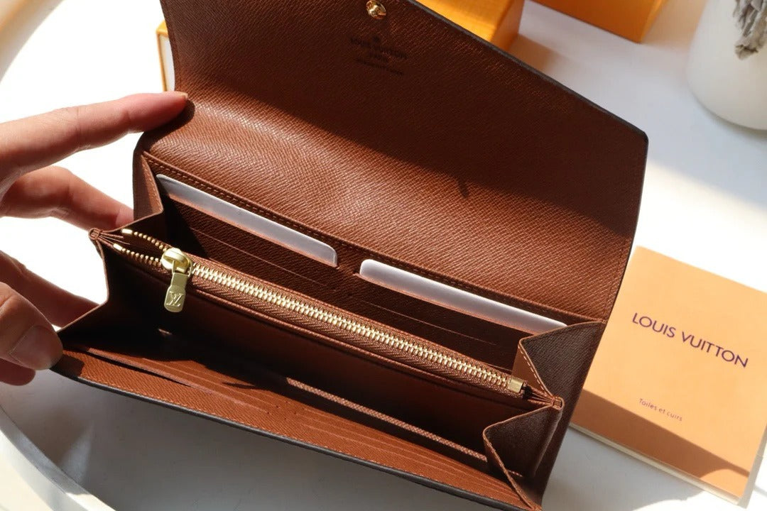 LV 2025 Sarah Folding Long Wallet Brown Canvas Leather