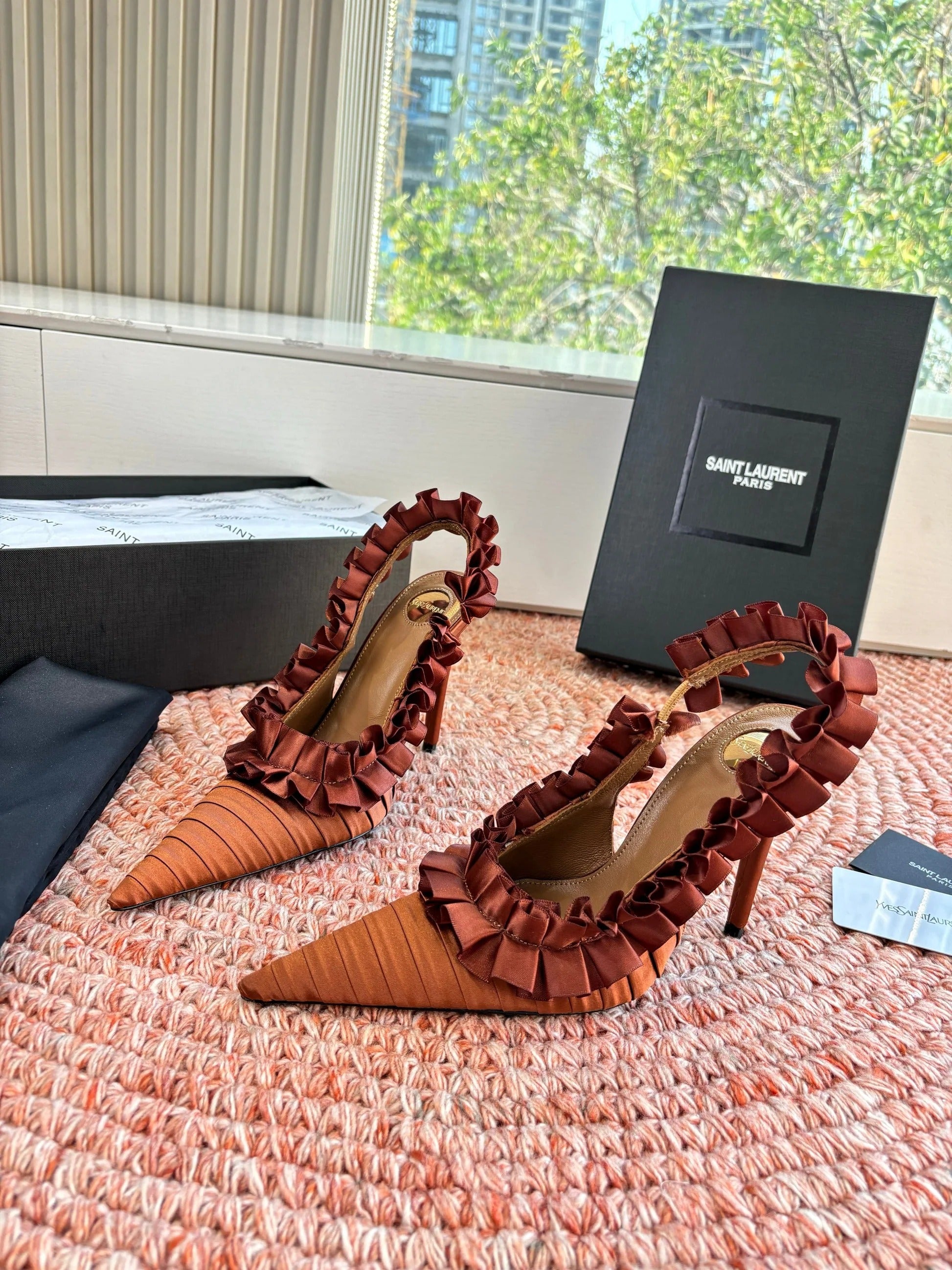 YSL 26ss Slingback Camel Brown Silk Leather 648841
