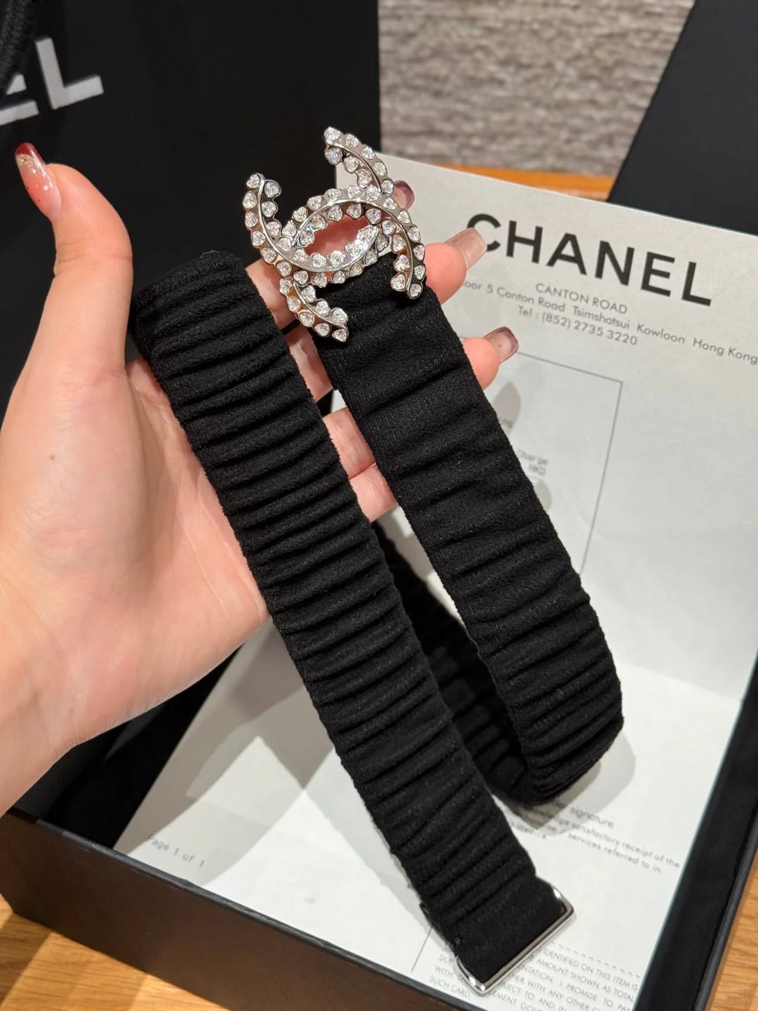 CC Elastic Waist Belt 3.0CM Black Canvas Sliver Diamond Buckle 195954