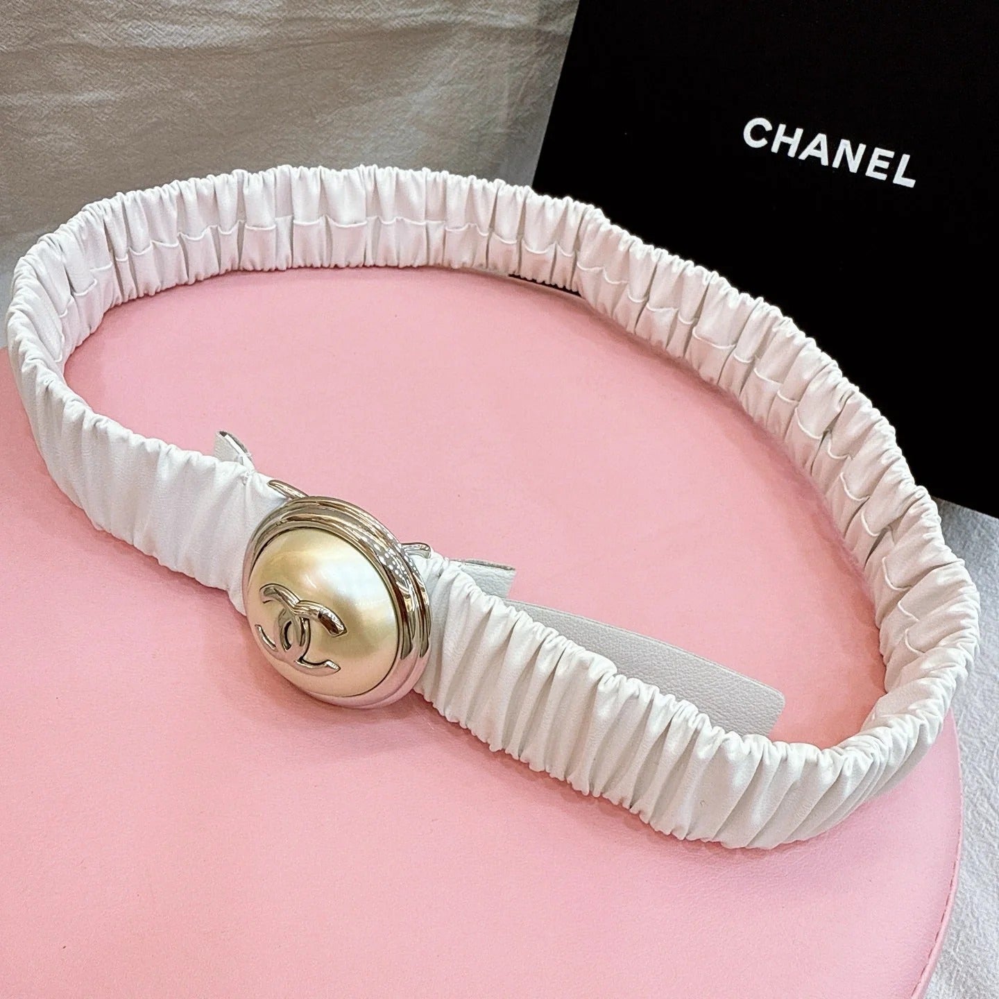 CC Elastic Waist Belt 3.0CM White Calfskin Gold Buckle 196841