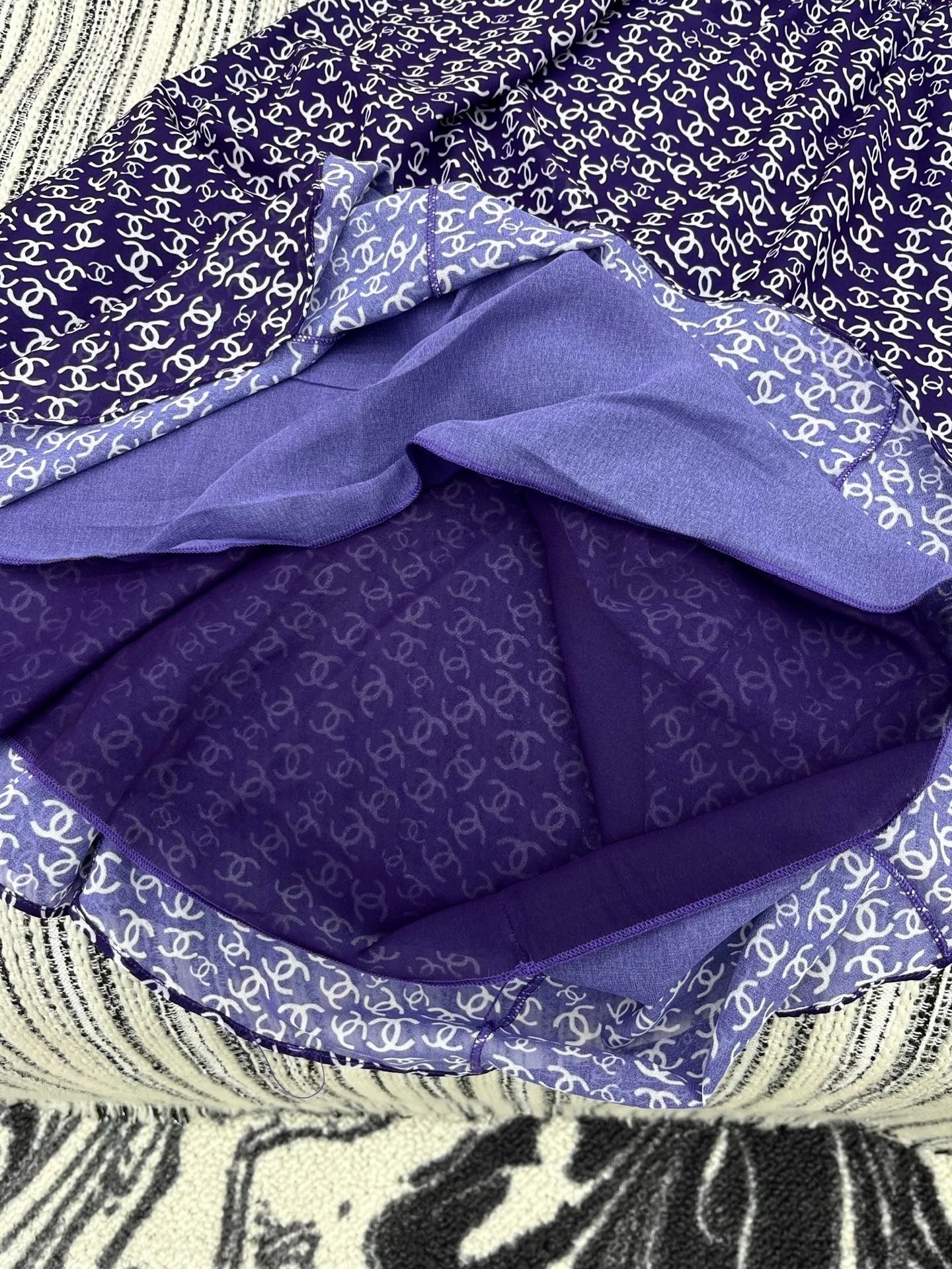 CHANEL DARK PURPLE SILK CAMELLIA DRESS WITH PEARL DETAILS
