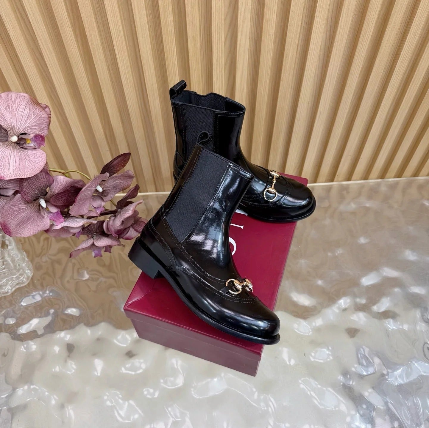 GG 26 Horsebit Martens Boots Black Sheepskin 589466