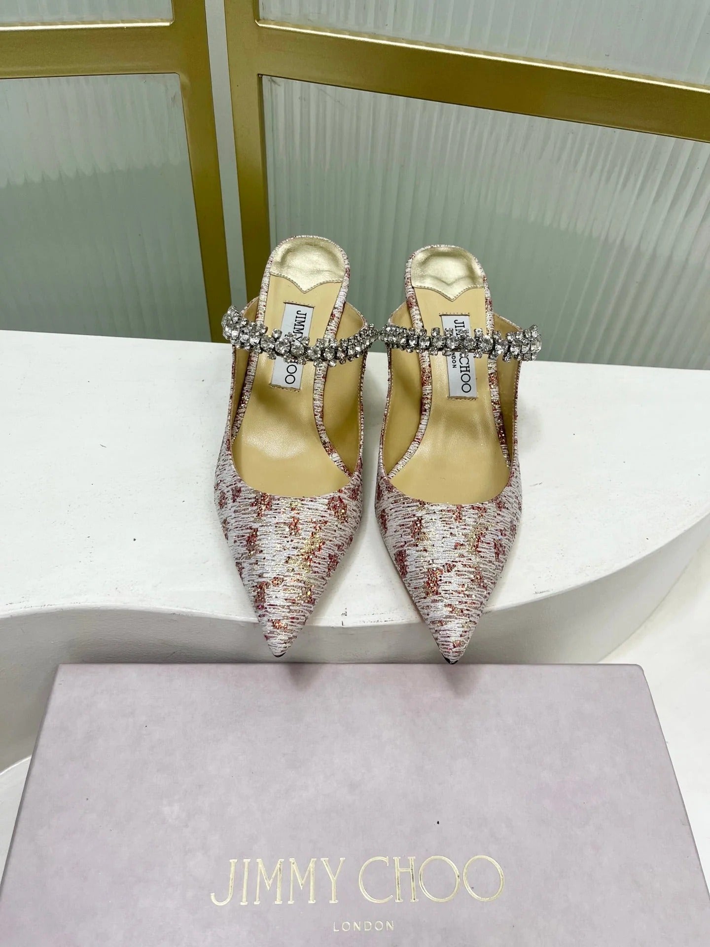 Jimmy 26s Heel Mules 65 White Red Sequins Sheepskin Diamond 605944