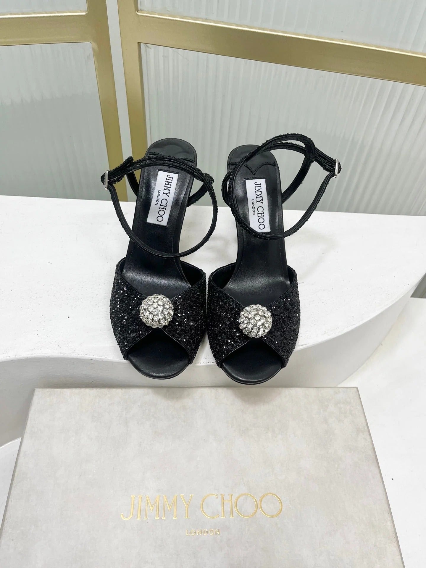 Jimmy 26s Peep-Toe High Heels 85 Black Lace Sheepskin 605975