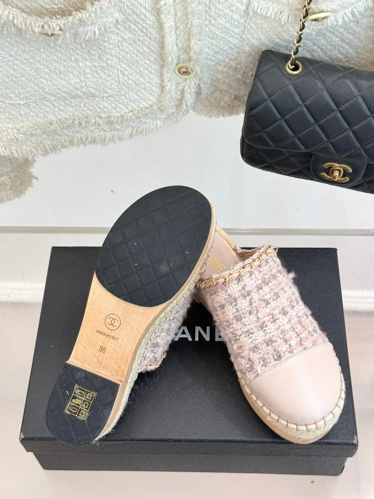 CC Mules 25ss 30 Mm In Pastel Pink Lambskin Mix Tweed
