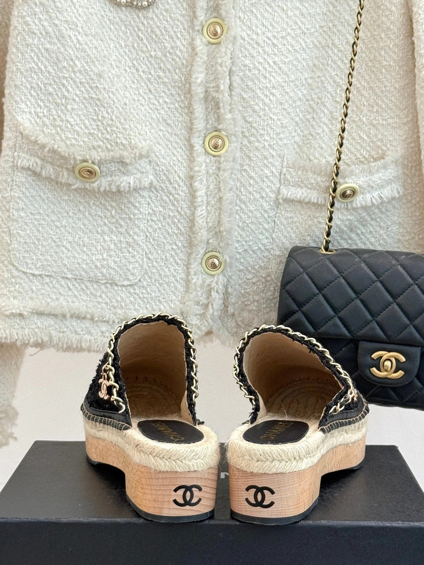 CC Mules 25ss 30 Mm In White Lambskin Mix Pastel Pink Tweed