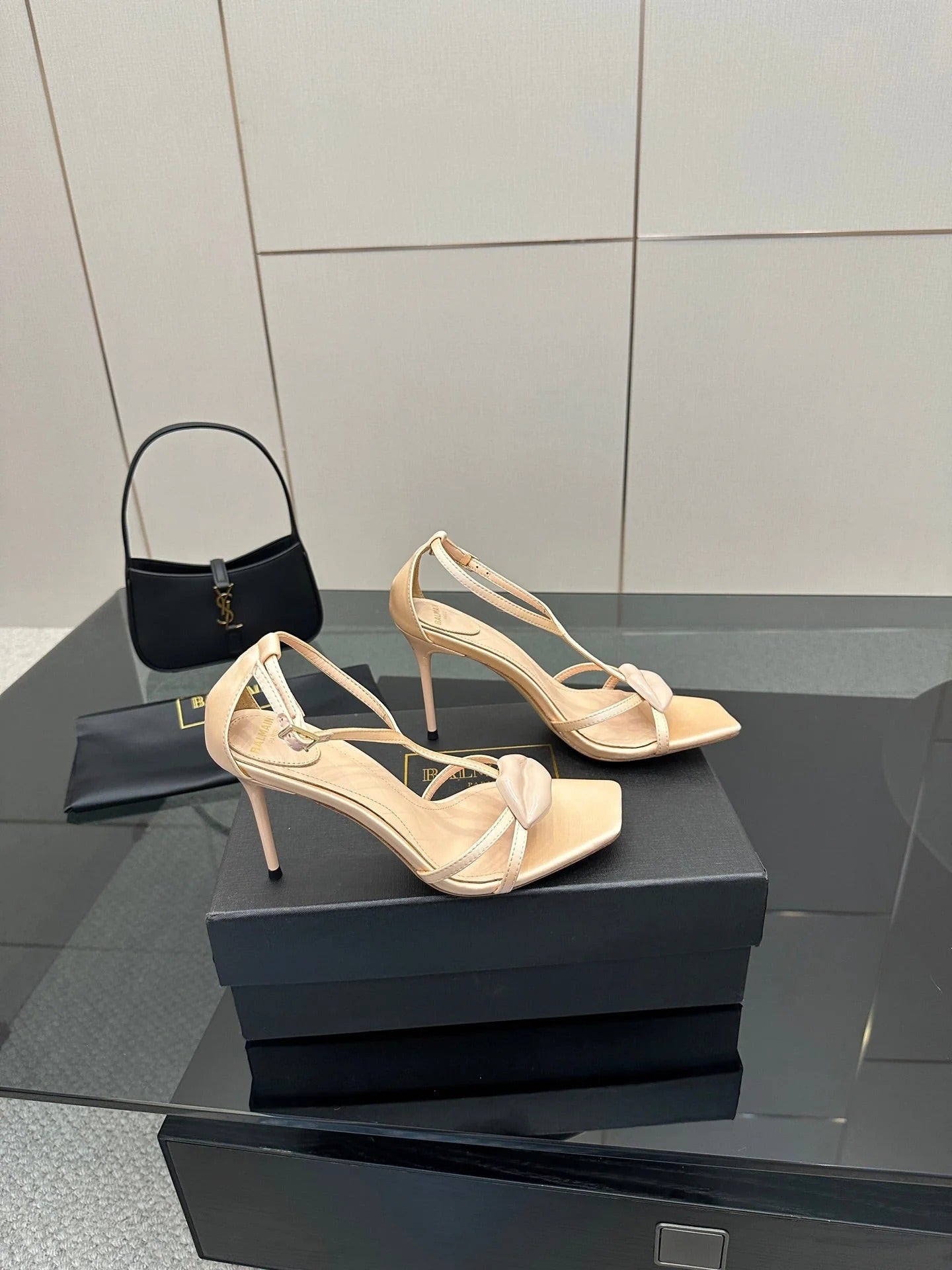 BALMAIN 25S LIPS SANDALS 10 IN BLUSH BEIGE SATIN