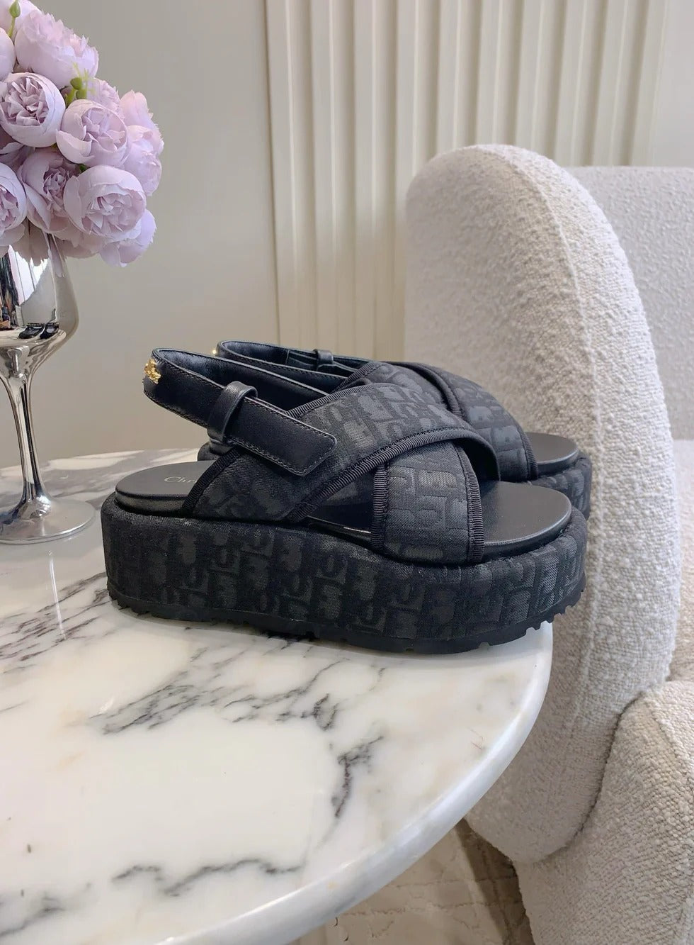 CD 26s Platform Sandals 65 Black Canvas Lambskin 644286