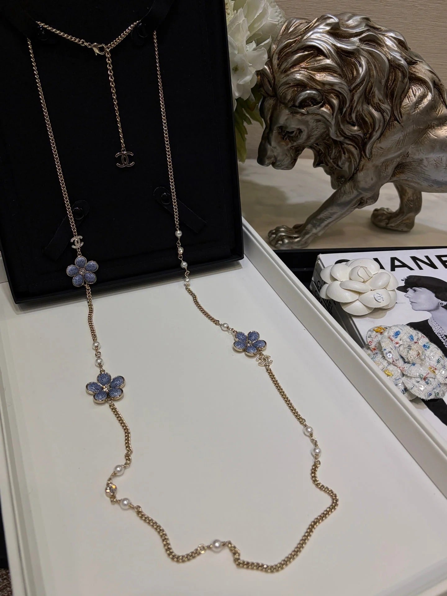 Chanel 2026 Gold Double C Denim Flower Enamel Necklace