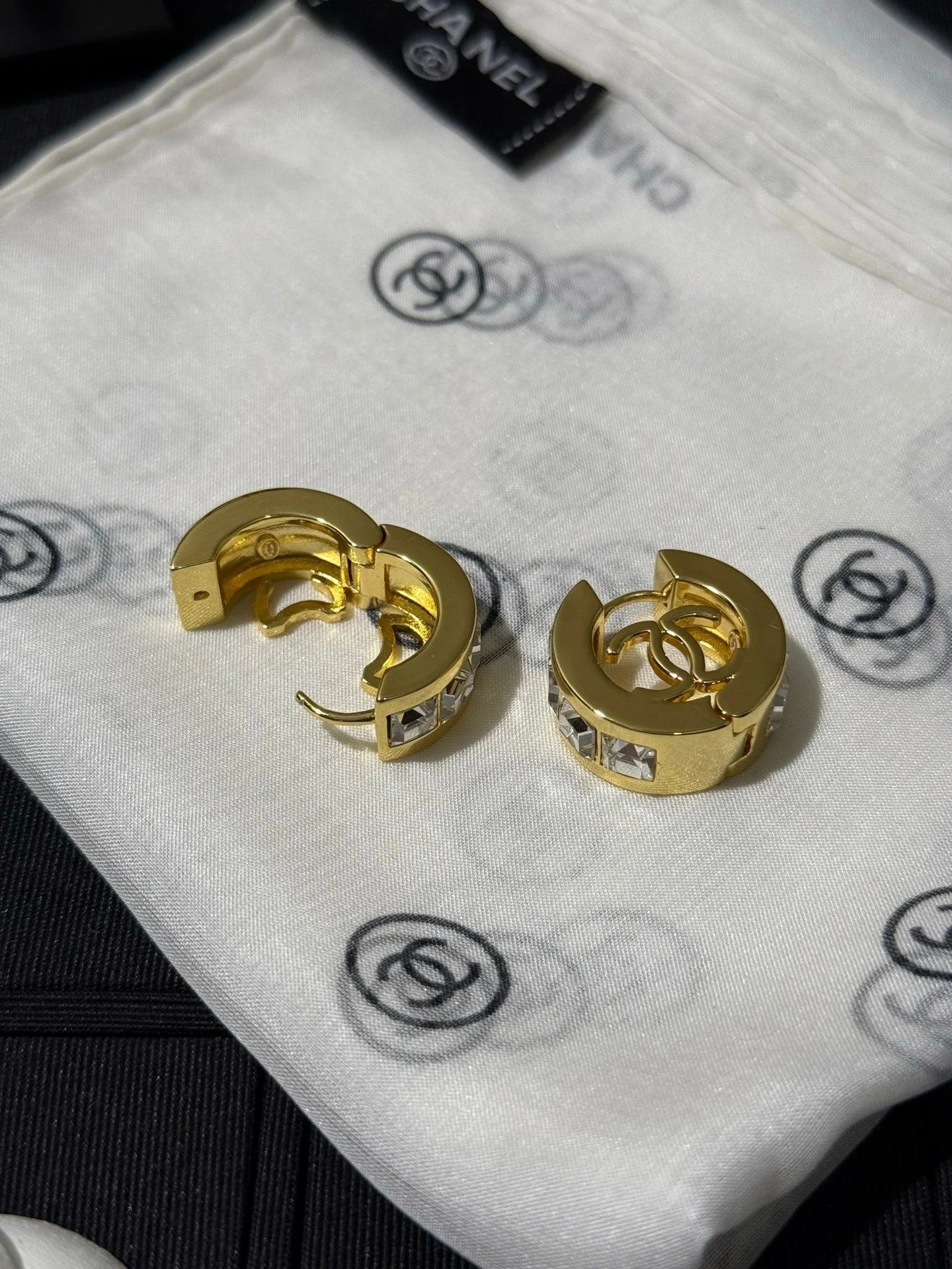 Chanel 2026 White Square Diamond Gold Double C Hoop Earrings Stud Earrings