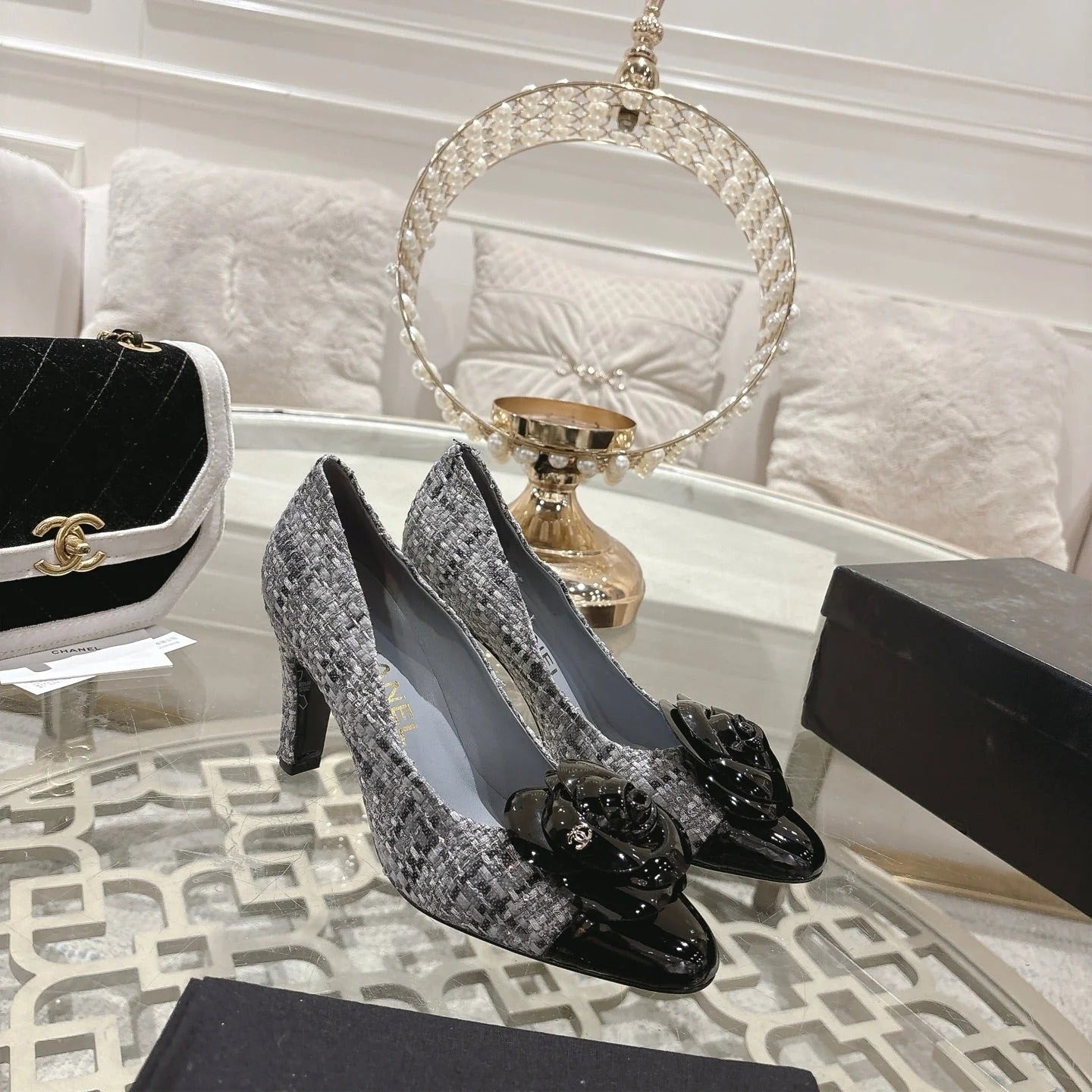 CC 26s High Heels Pump 85 Gray Black Wool Fabric 627016