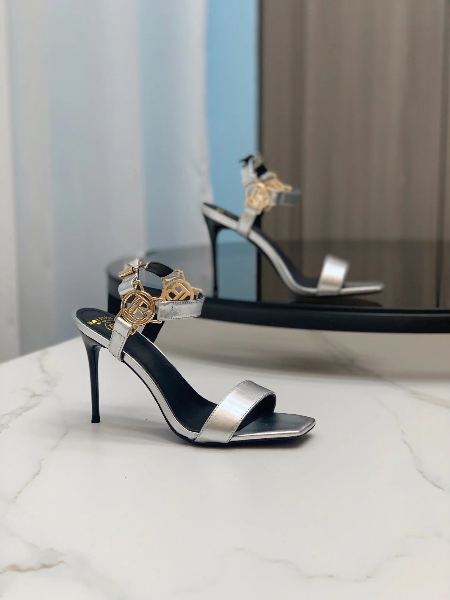 BALMAIN 25S HIGH HEELS WITH B METAL DETAIL 95MM IN SILVER CALFSKIN