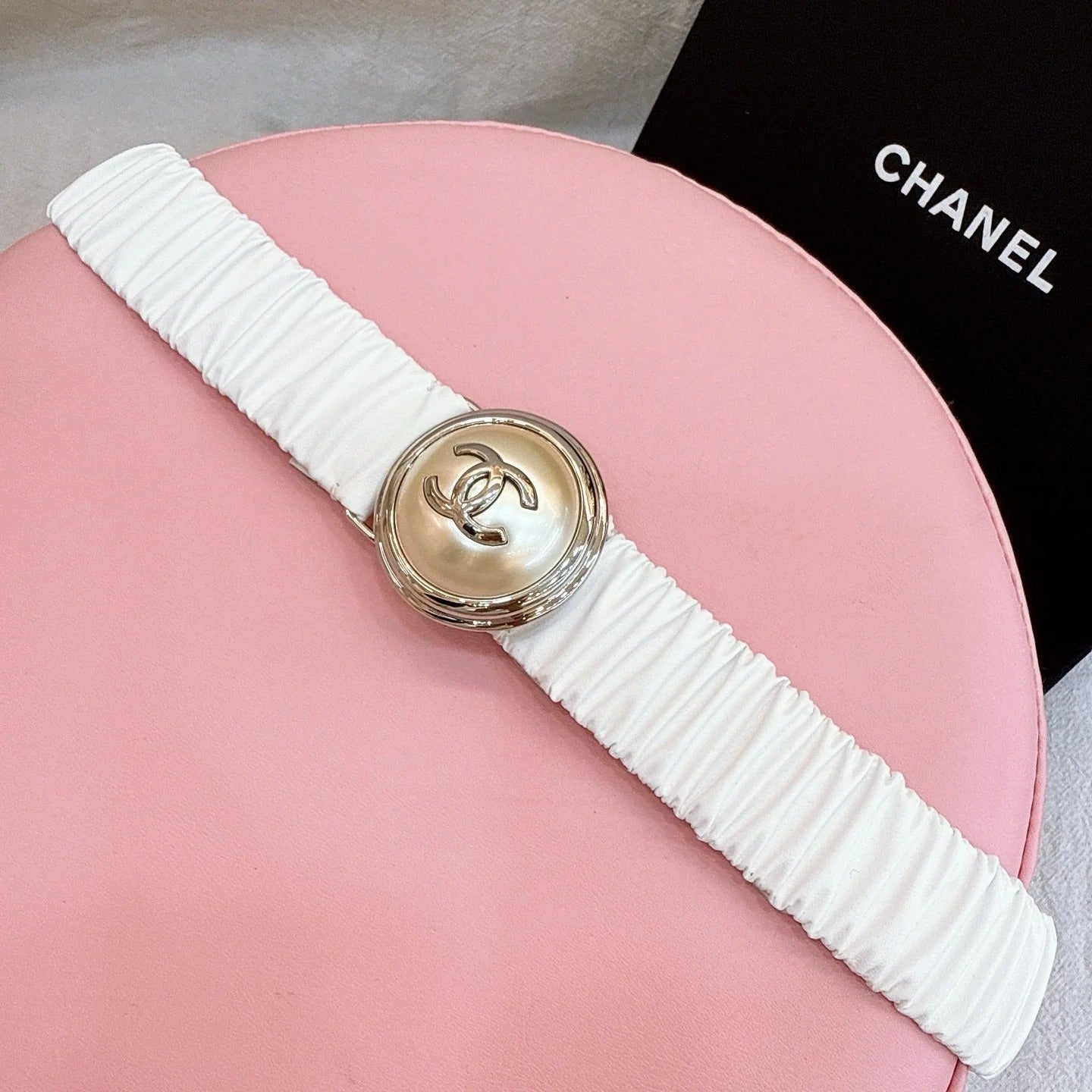 CC Elastic Waist Belt 3.0CM White Calfskin Gold Buckle 196841