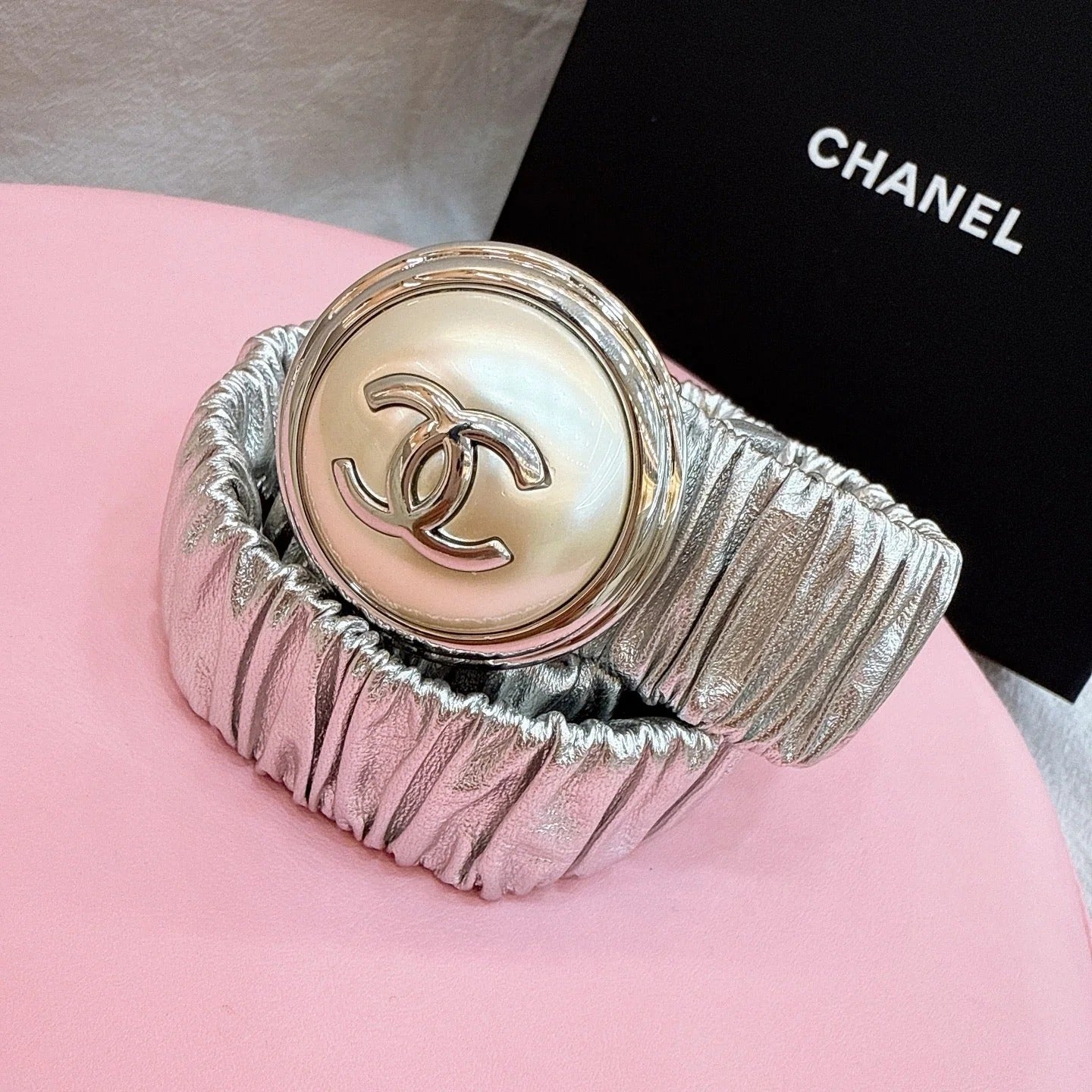 CC Elastic Waist Belt 3.0CM Sliver Metallic Calfskin Gold Buckle 196842