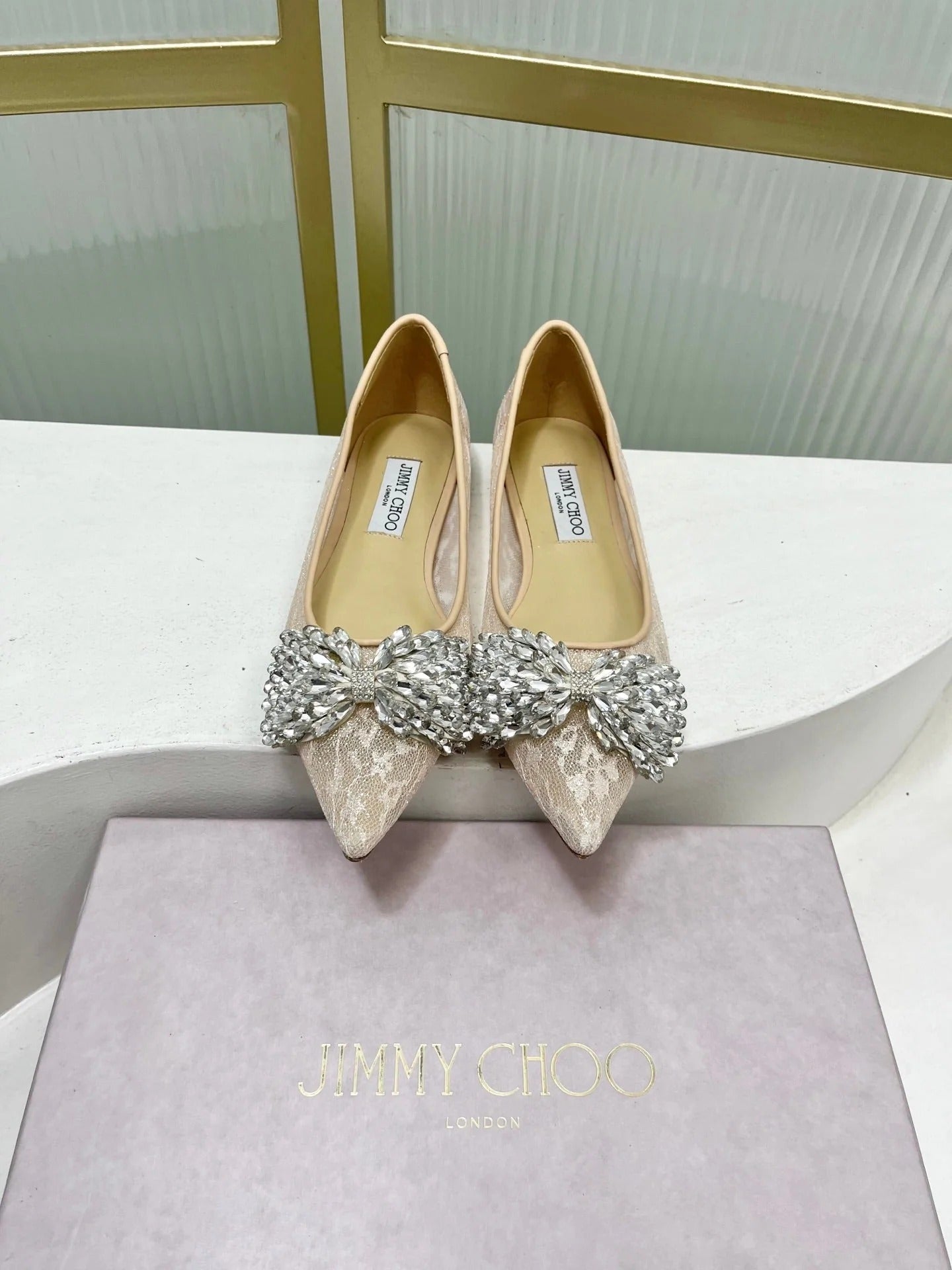 Jimmy 26s Ballet Flats Beige White Imported Lace Sheepskin 605986