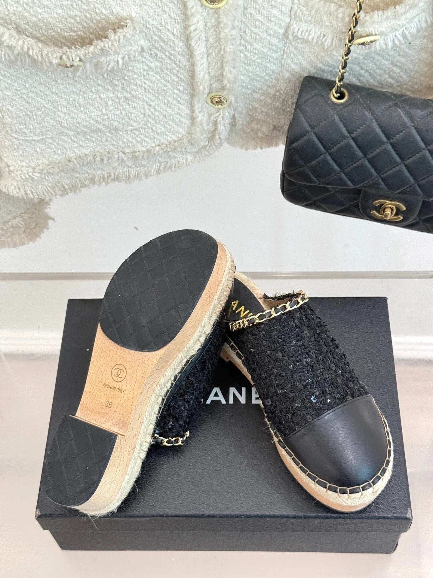 CC Mules 25ss 30 Mm In Black Lambskin Mix Tweed