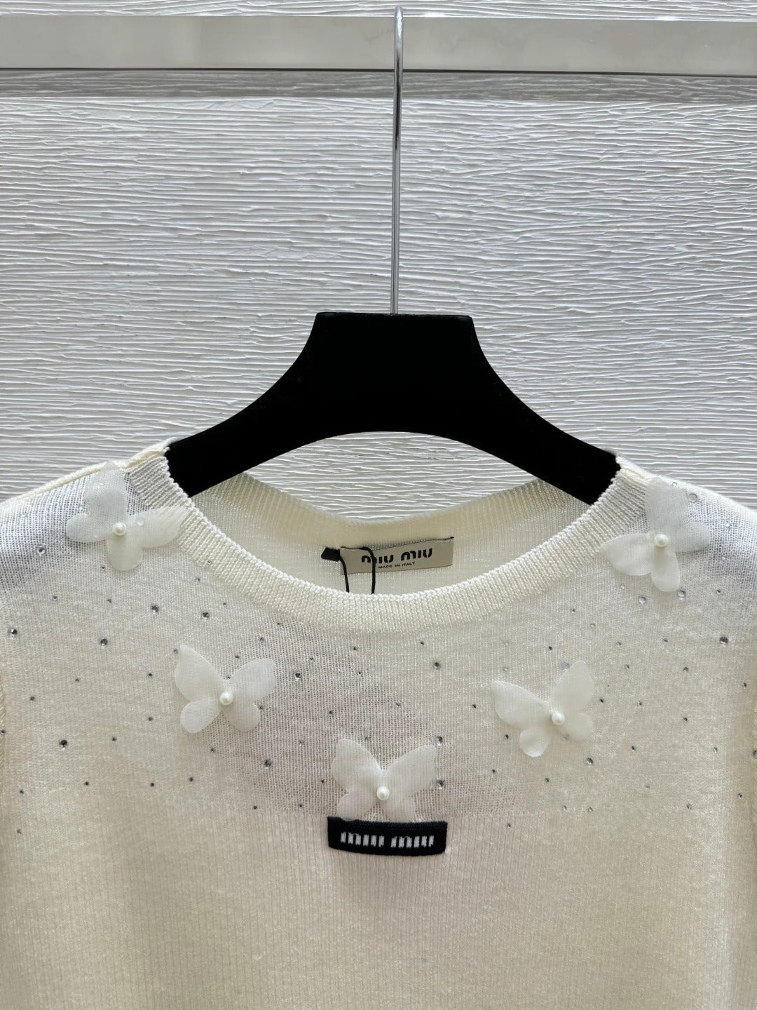Miumiu 2026 Butterfy Short-sleeve Top Yellow Cream Pink Wool Silk