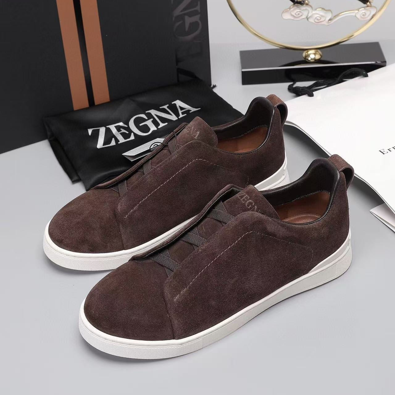Zegna Triple Stitch Slip-on Sneaker Dark Brown Suede