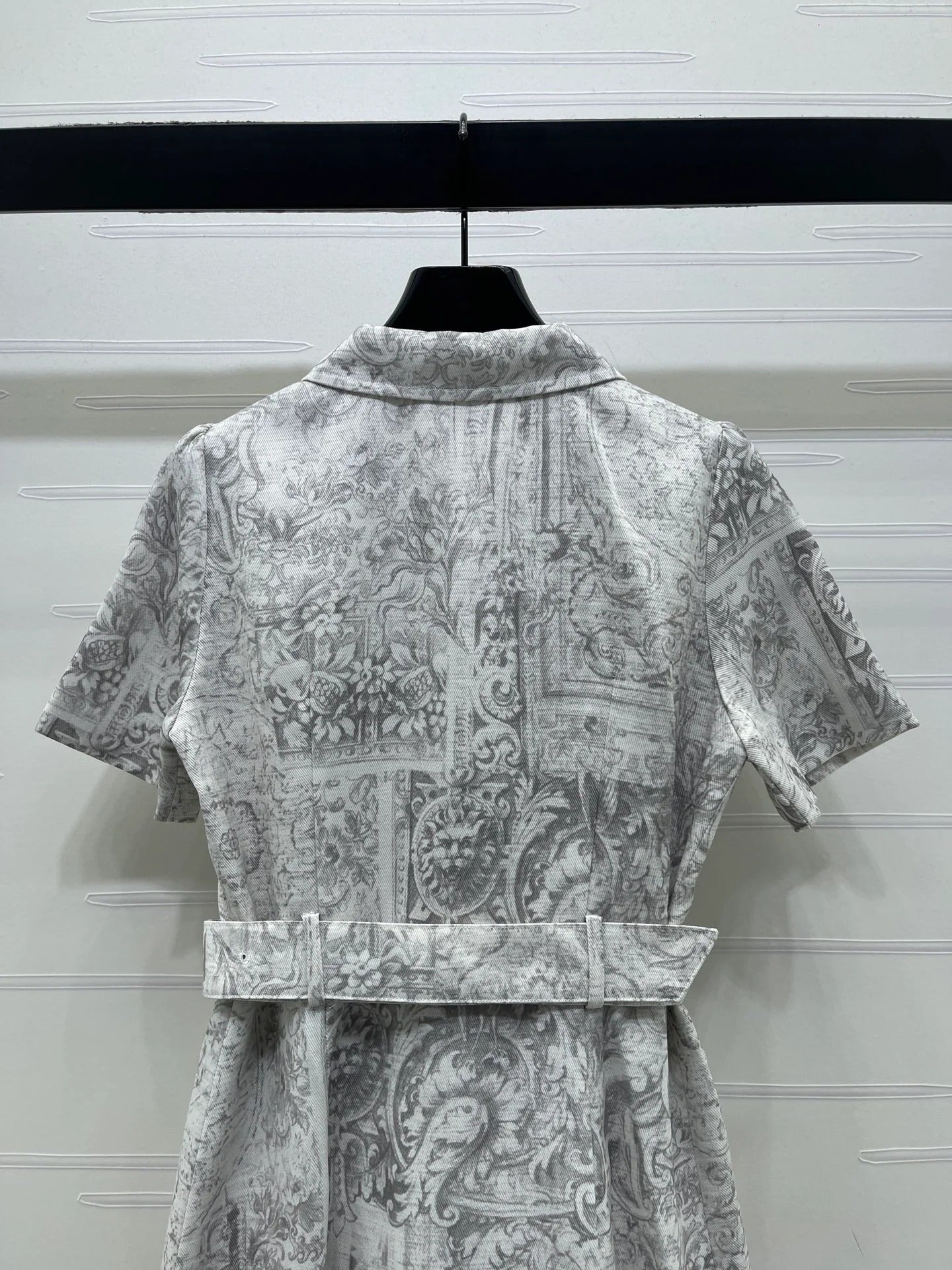 Dior 2026 Collared Print Denim Short-Sleeve Dress White Grey Polyester