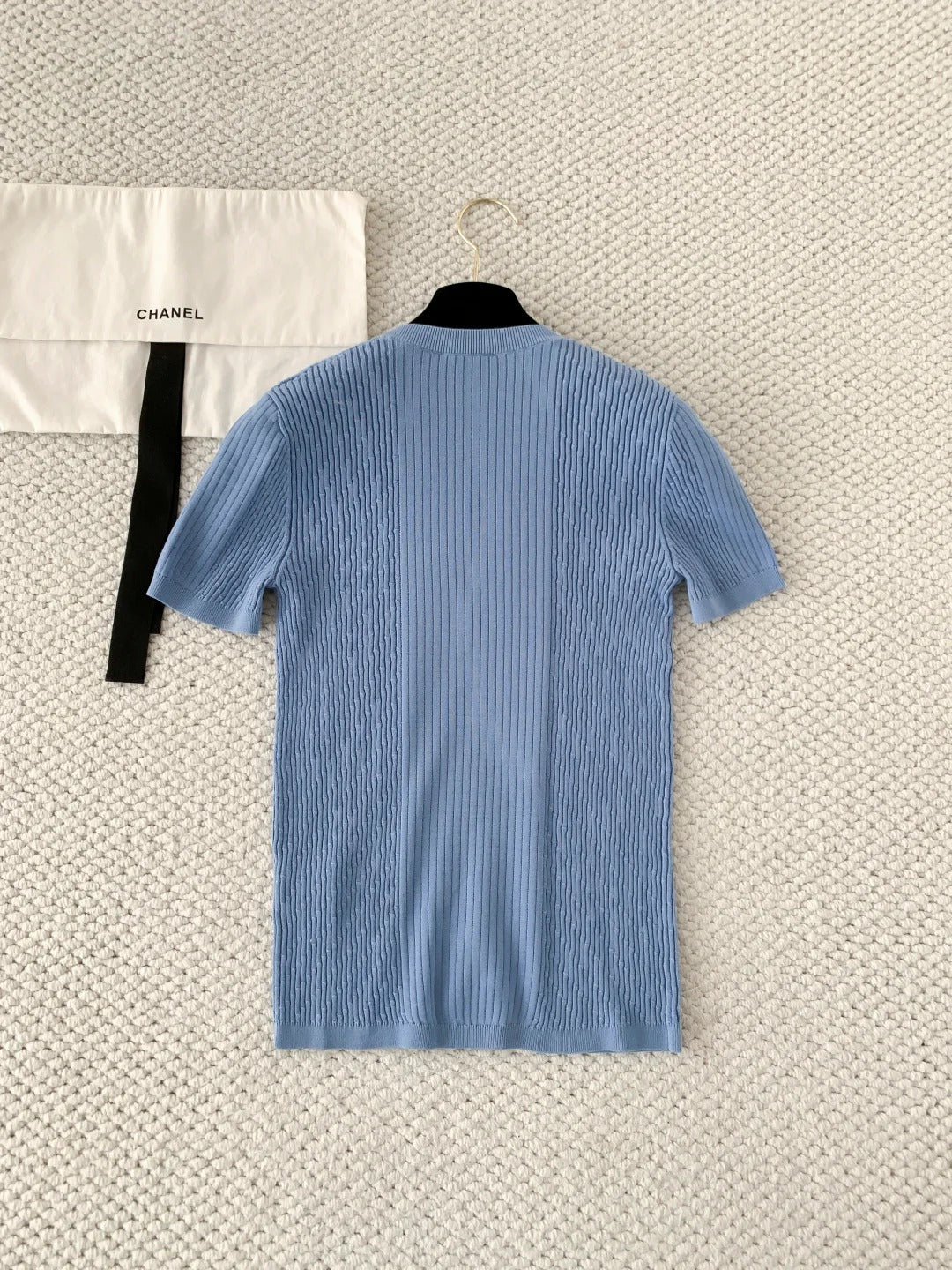 Chanel 2026 Logo Knit Short-Sleeve T-Shirt Blue Cotton 356628