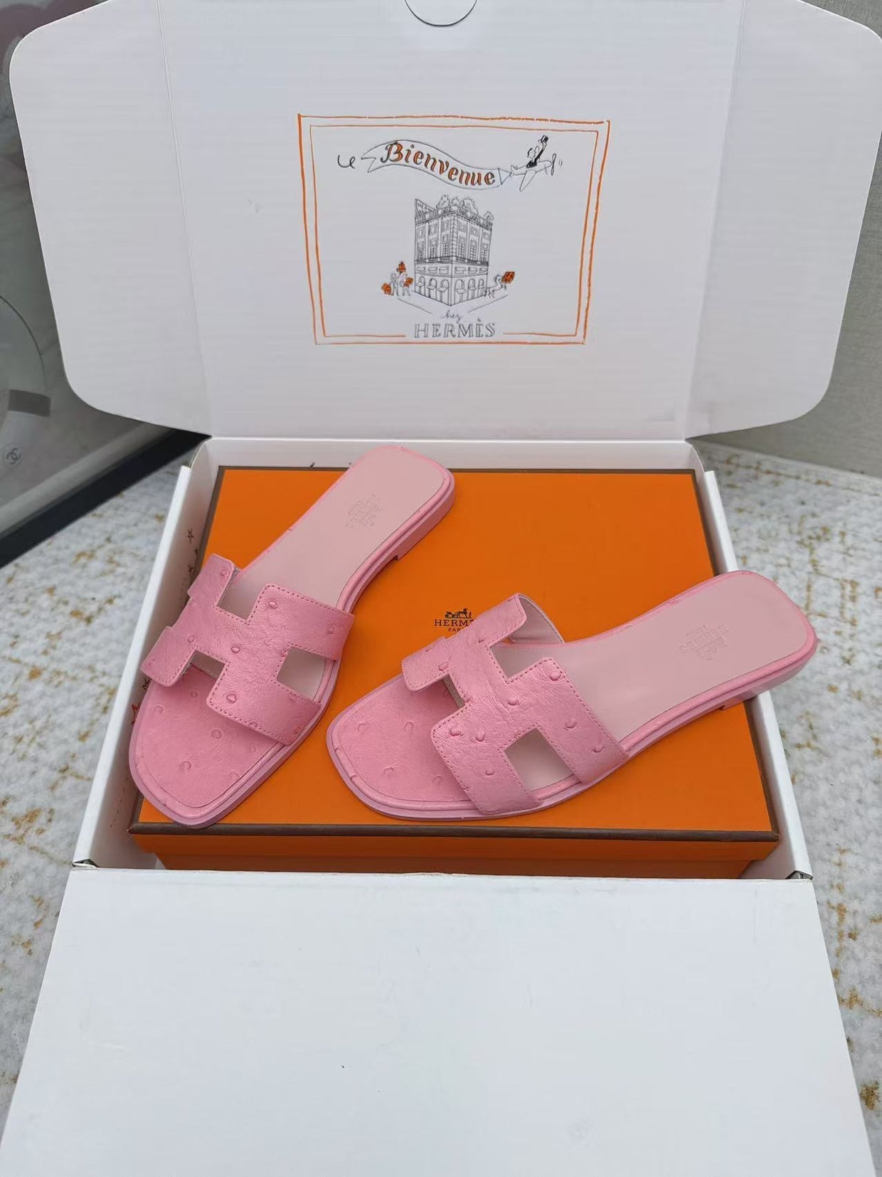 HM 2025 Oran Sandal Pink Ostrich Embossed Calfskin