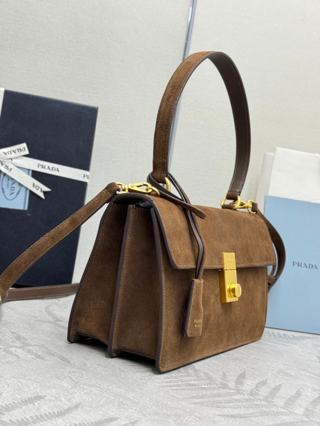 Prada 2026 Soft Sound Bag 28cm Brown Suede Leather