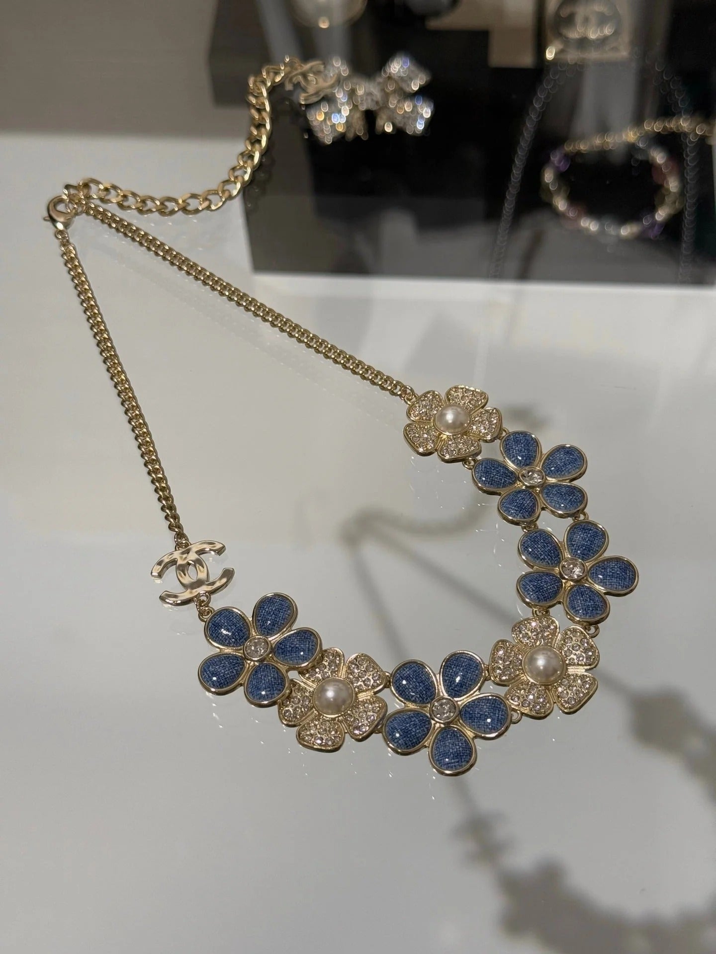 Chanel 2026 Denim Enamel Crystal Light Gold Double C Full Diamond Flower Pearl Necklace