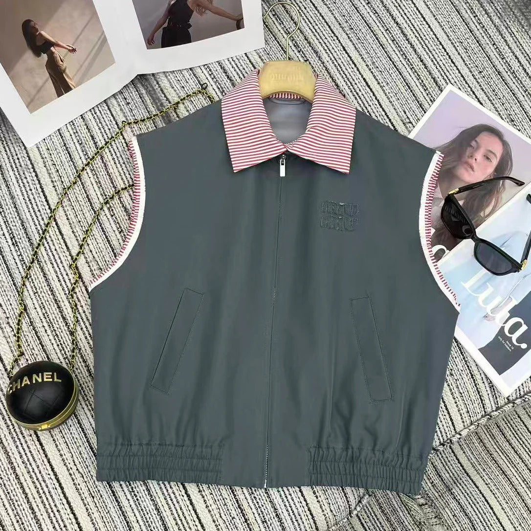 Miu Miu 2026 Striped Collared Vest Jacket Gray and Pink Cotton