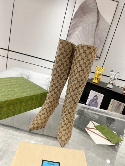GG 2026 High-Heeled Boot Beige Canvas Leather 953419