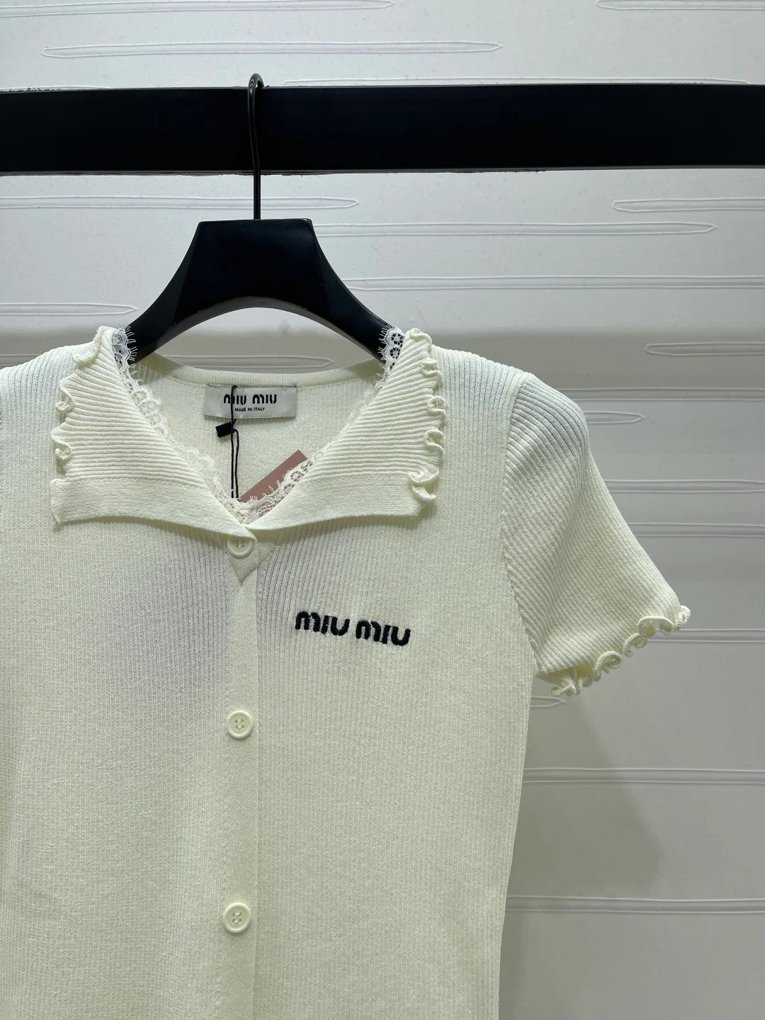 Miumiu 2026 Lace Collar T-shirt Cream and Purple Wool
