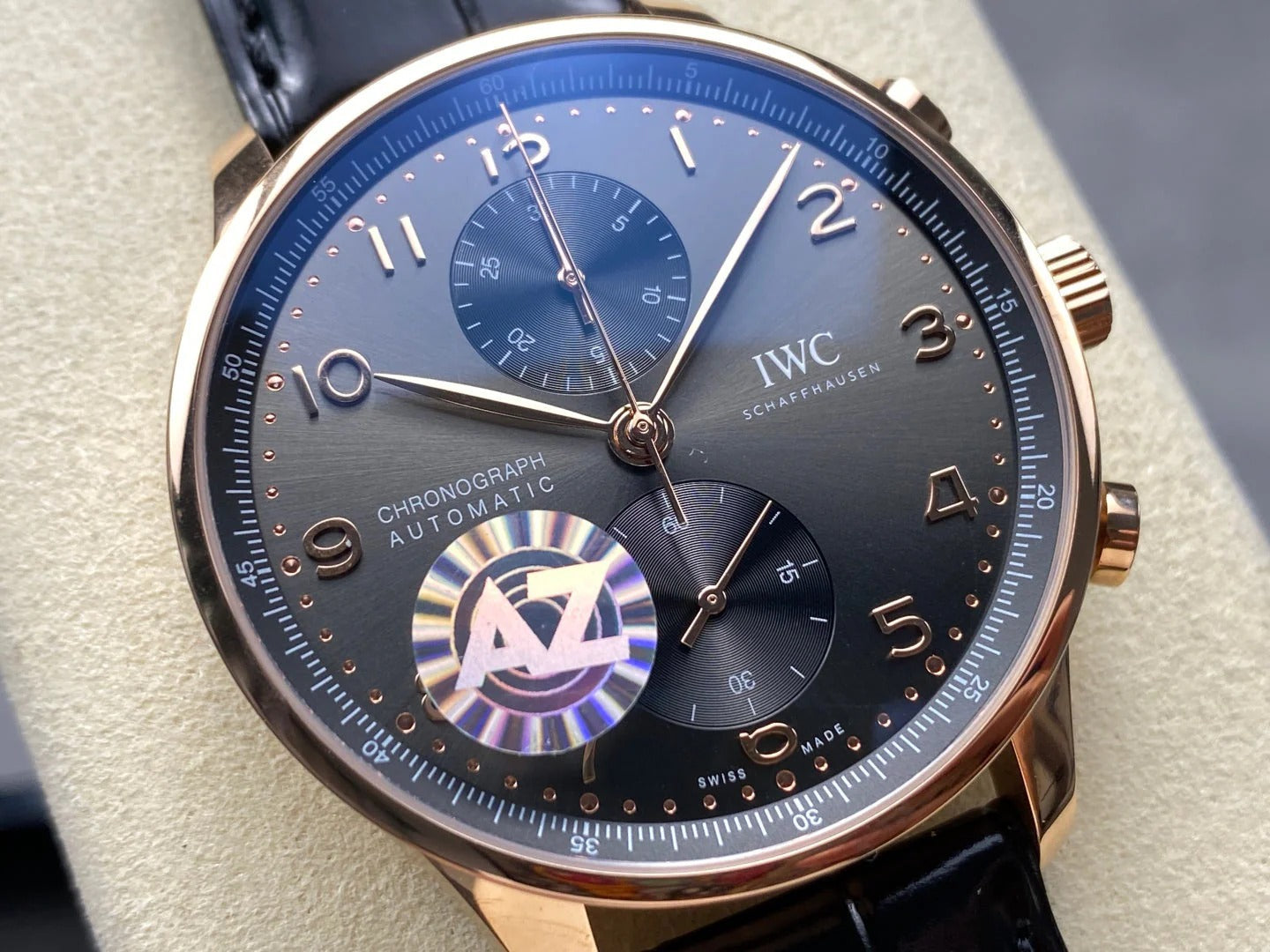 IWC Portuguese 41mm Dark Gray Dial Pink Gold Case Crocodile Leather Strap